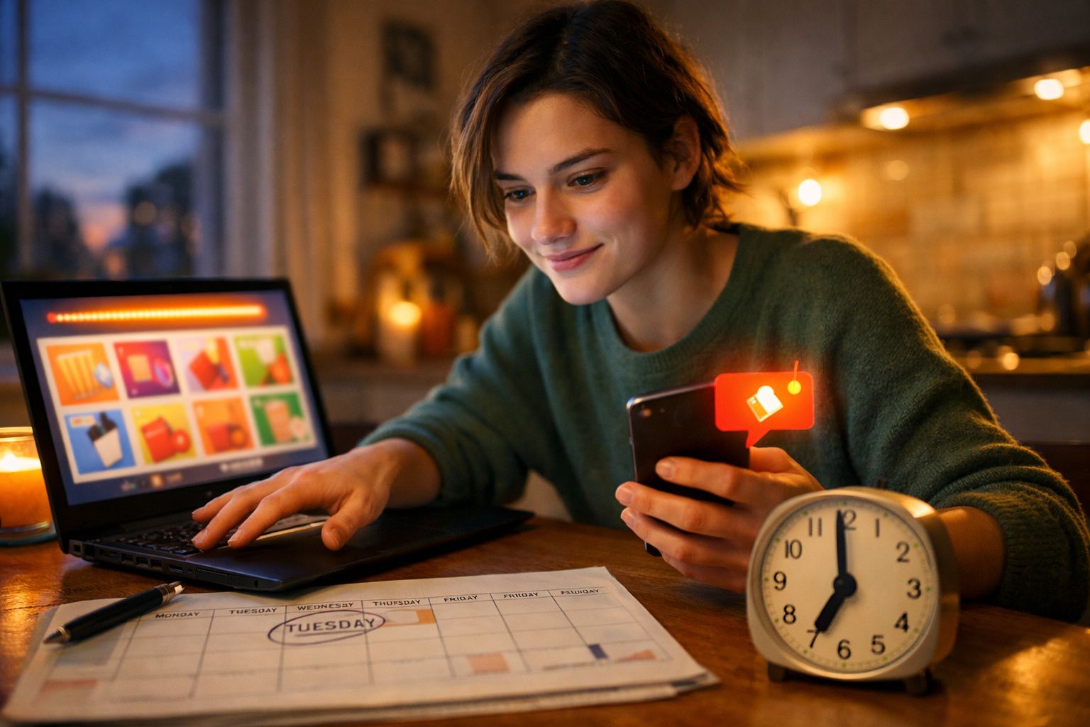 Mulher sorrindo usa celular e computador à noite, com calendário e relógio marcando 19h na mesa.