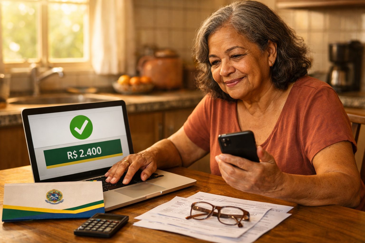 Mulher sorrindo verifica pagamento de R$ 2.400 no laptop enquanto segura celular à mesa.
