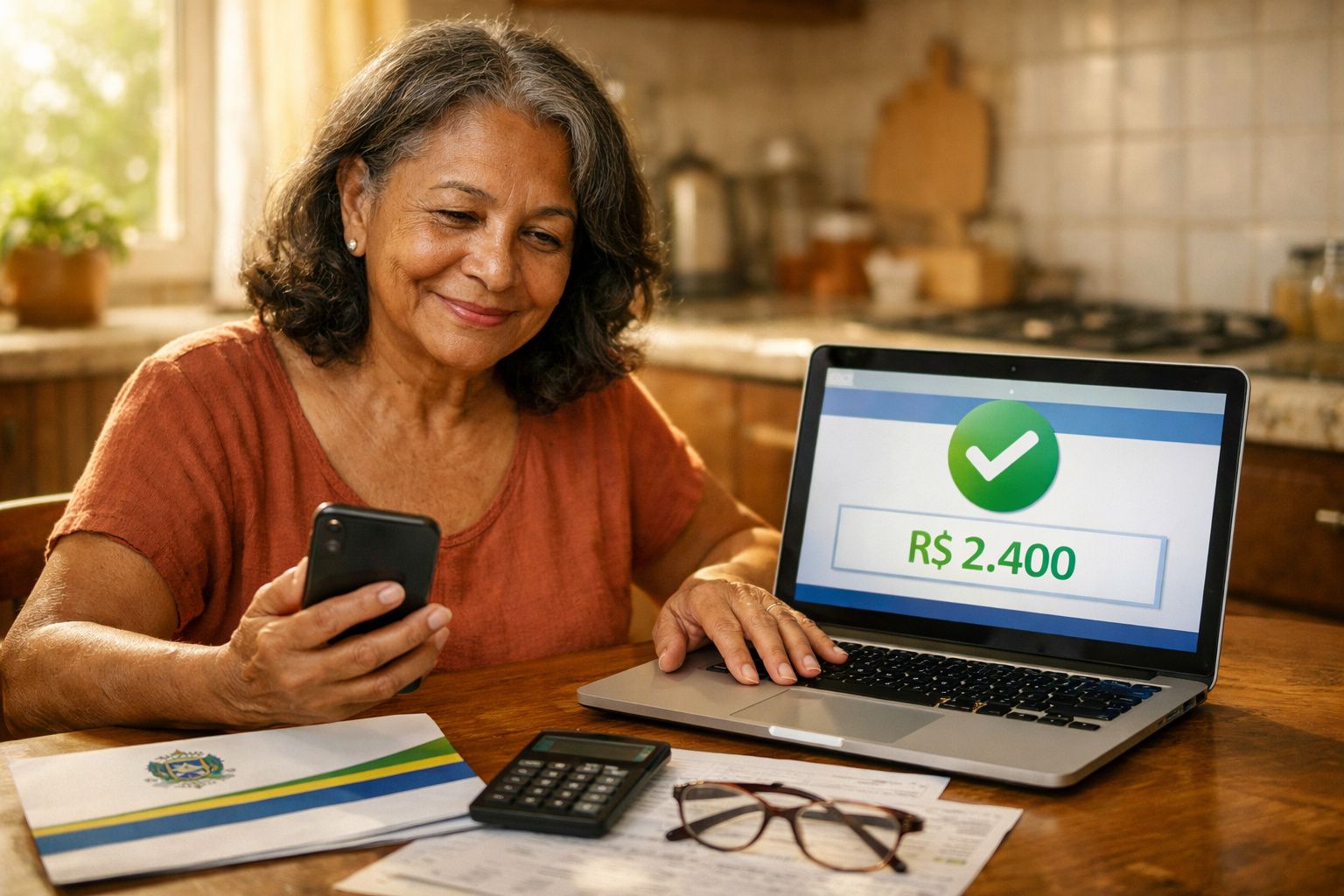 Mulher sorrindo checando transação aprovada de R$ 2.400 em notebook na cozinha.