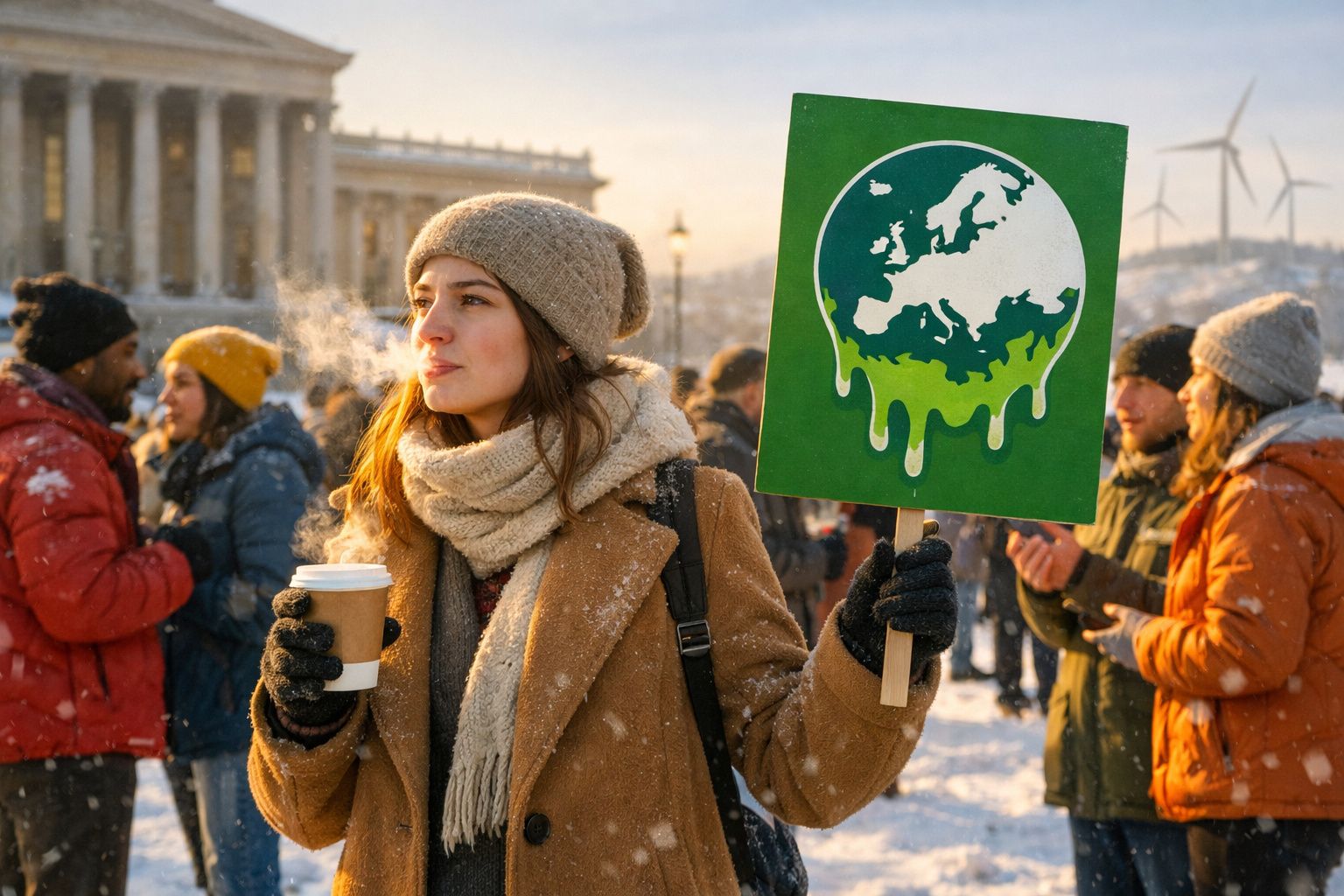 Jovem com roupas de inverno segura cartaz do planeta Terra derretendo durante protesto ambiental na neve.