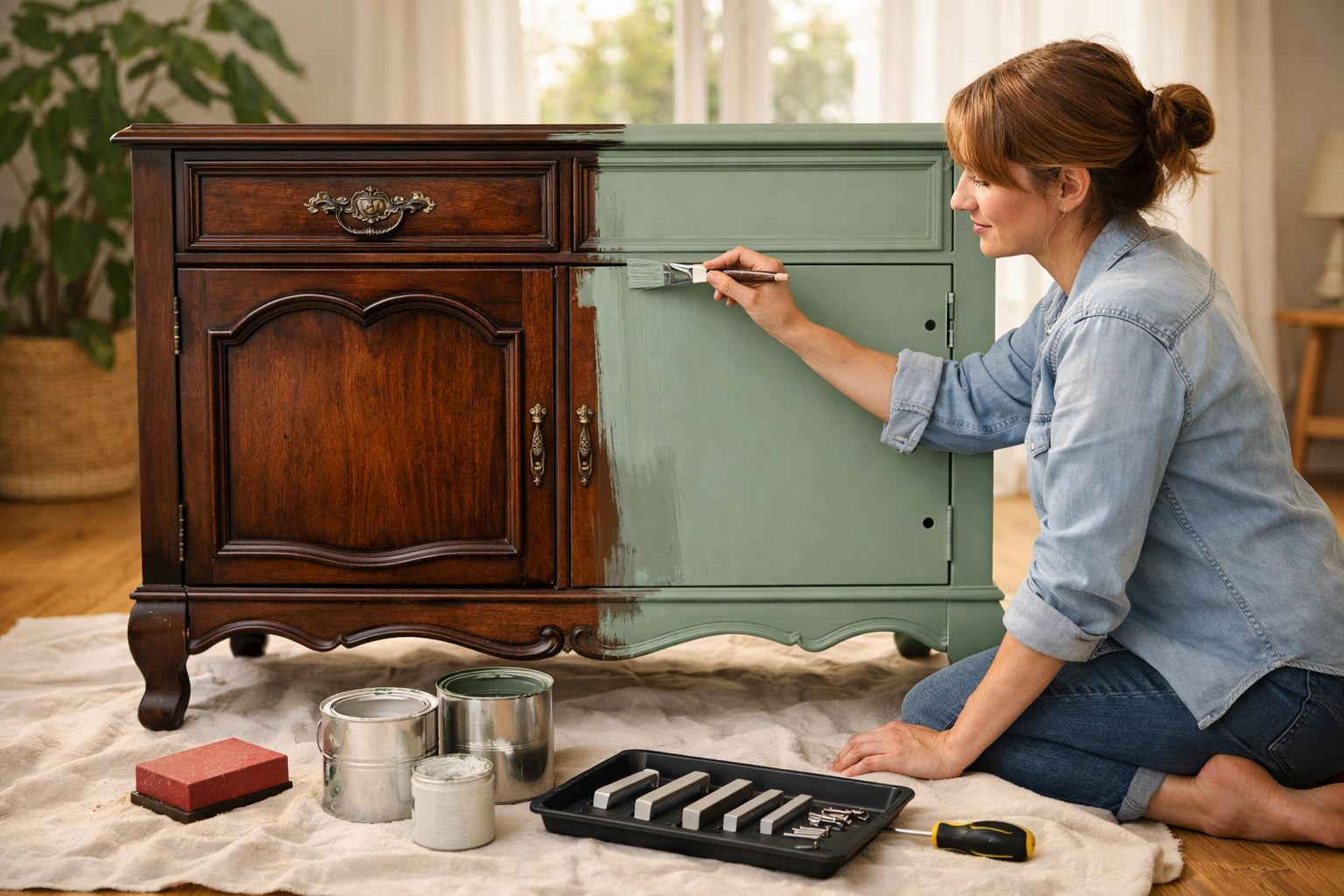 Mulher pintando móvel antigo de madeira com tinta verde em ambiente interno iluminado.