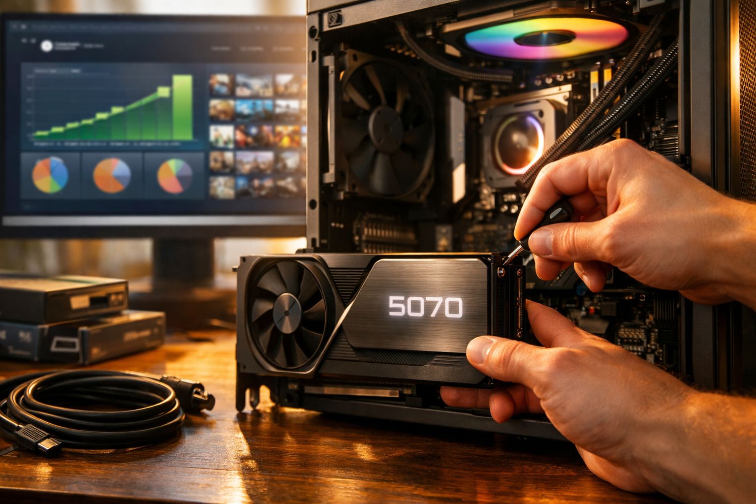 Mãos instalando placa de vídeo 5070 em gabinete de computador com monitor e gráficos ao fundo.
