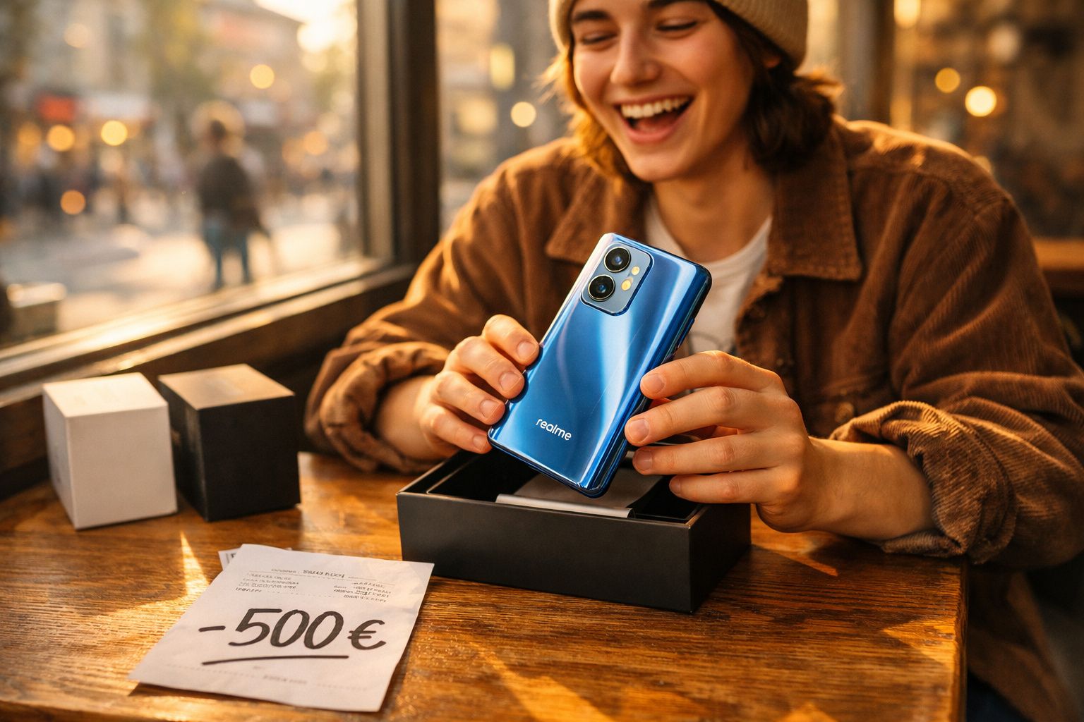Pessoa sorridente segurando um smartphone azul realme recém retirado da embalagem em uma mesa de madeira.