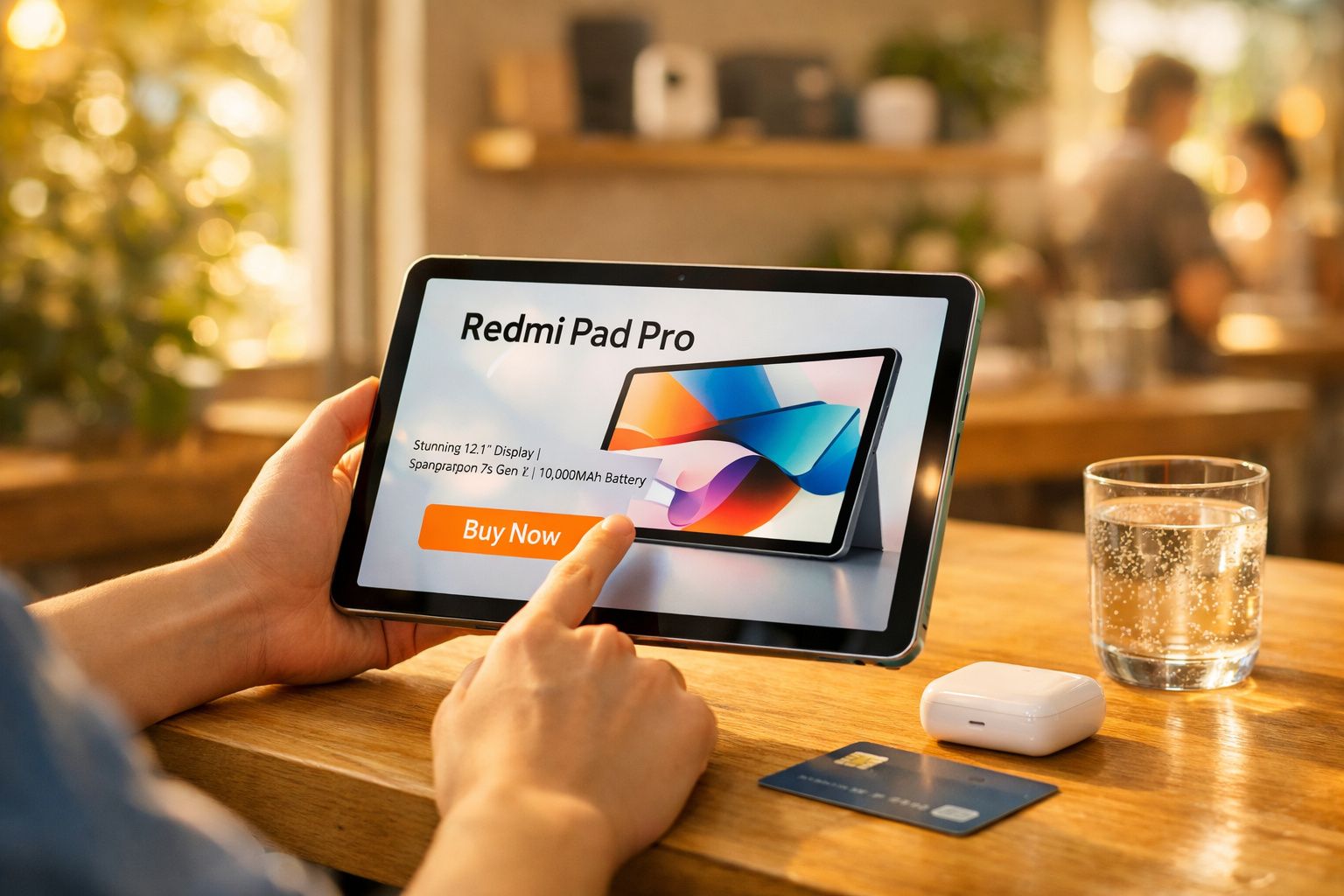 Pessoa segurando um tablet Redmi Pad Pro com anúncio e botão "Buy Now" em mesa com copo e cartão.