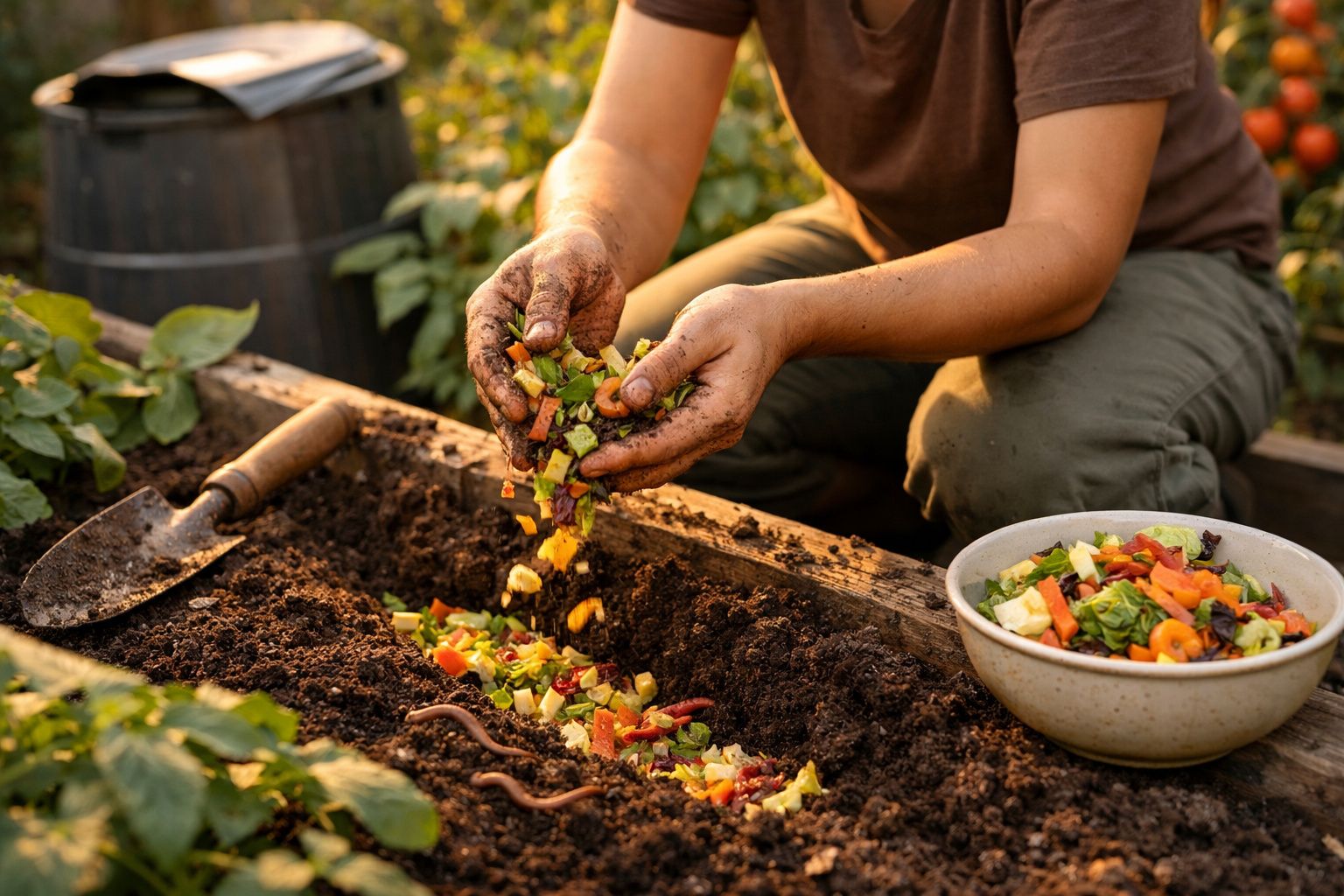 Mãos sujas colocando restos de vegetais no solo para compostagem em canteiro de jardim.