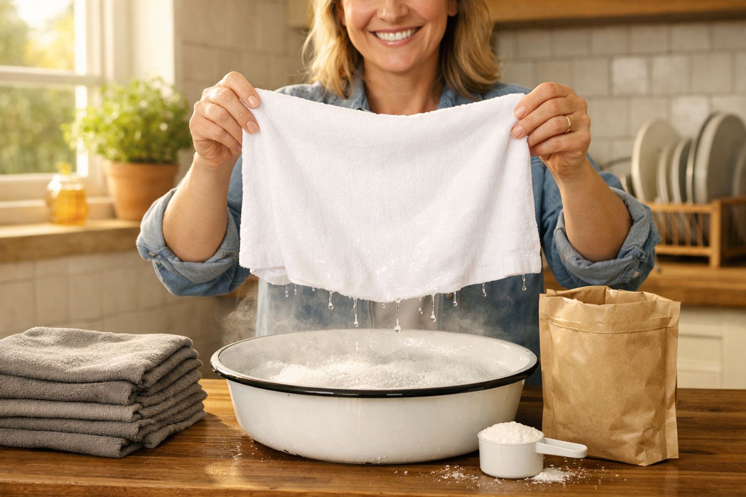 Pessoa espremendo pano branco molhado sobre bacia branca na cozinha iluminada.