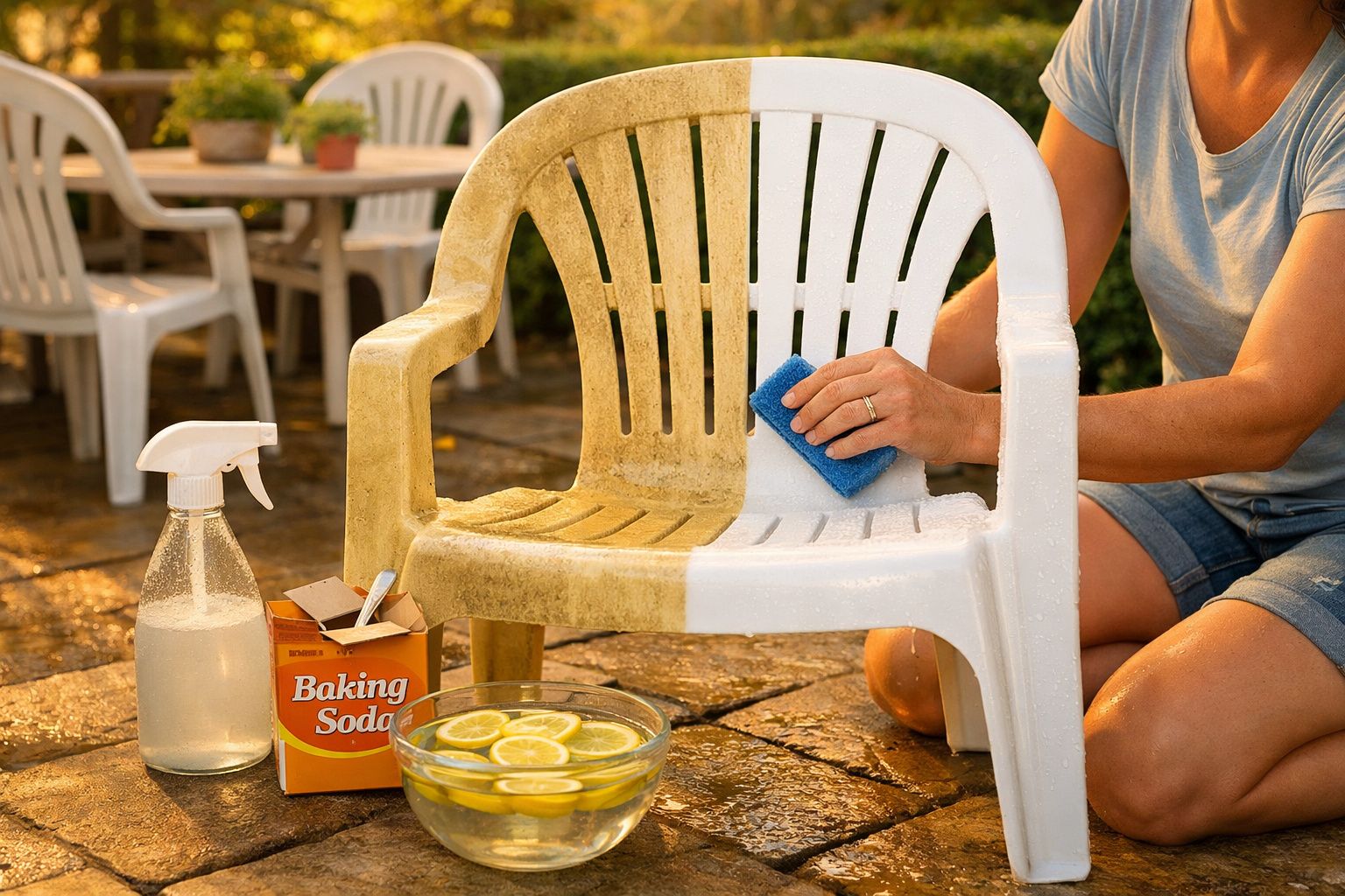 Pessoa limpando cadeira plástica suja com esponja, bicarbonato, spray e bacia com água e limão.