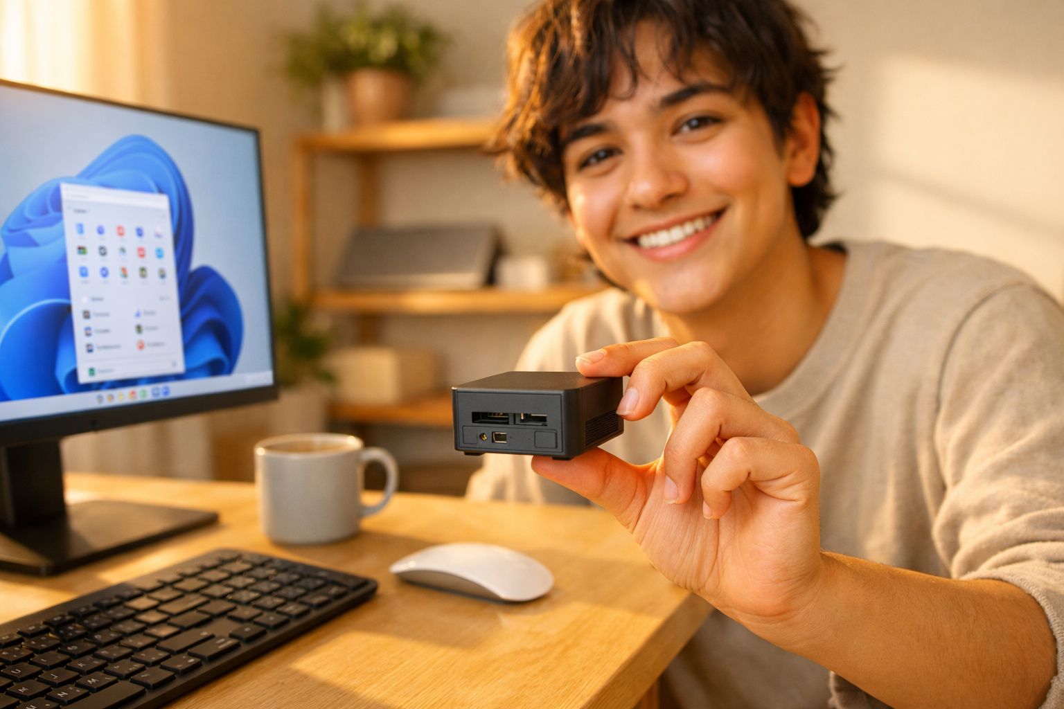 Pessoa sorrindo segurando mini computador preto com monitor, teclado e mouse em mesa de madeira.