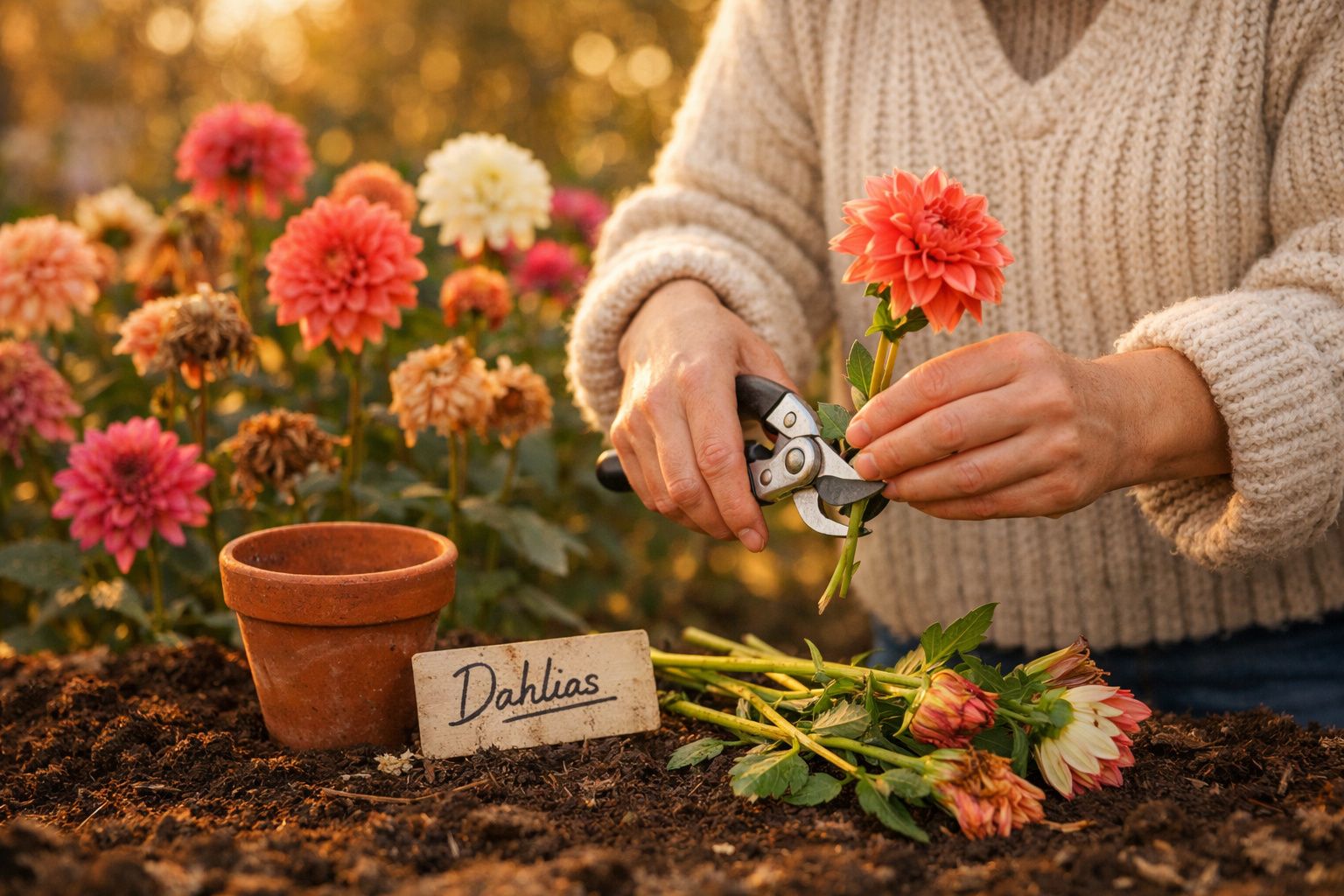 Pessoa colhendo flores de dália vermelha com tesoura de poda em jardim ao entardecer.