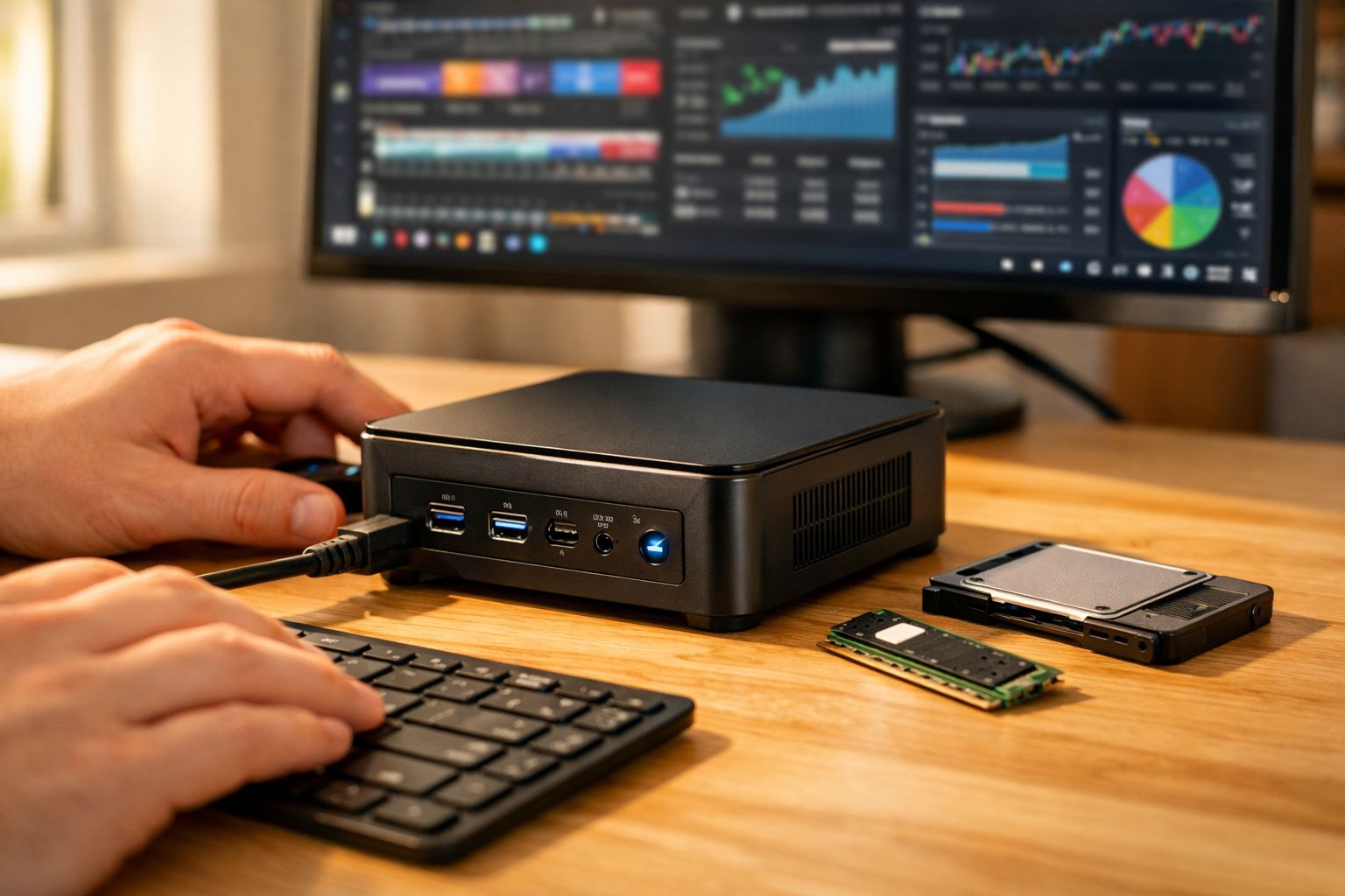 Computador compacto com teclado e componentes eletrônicos ao fundo em mesa de madeira.