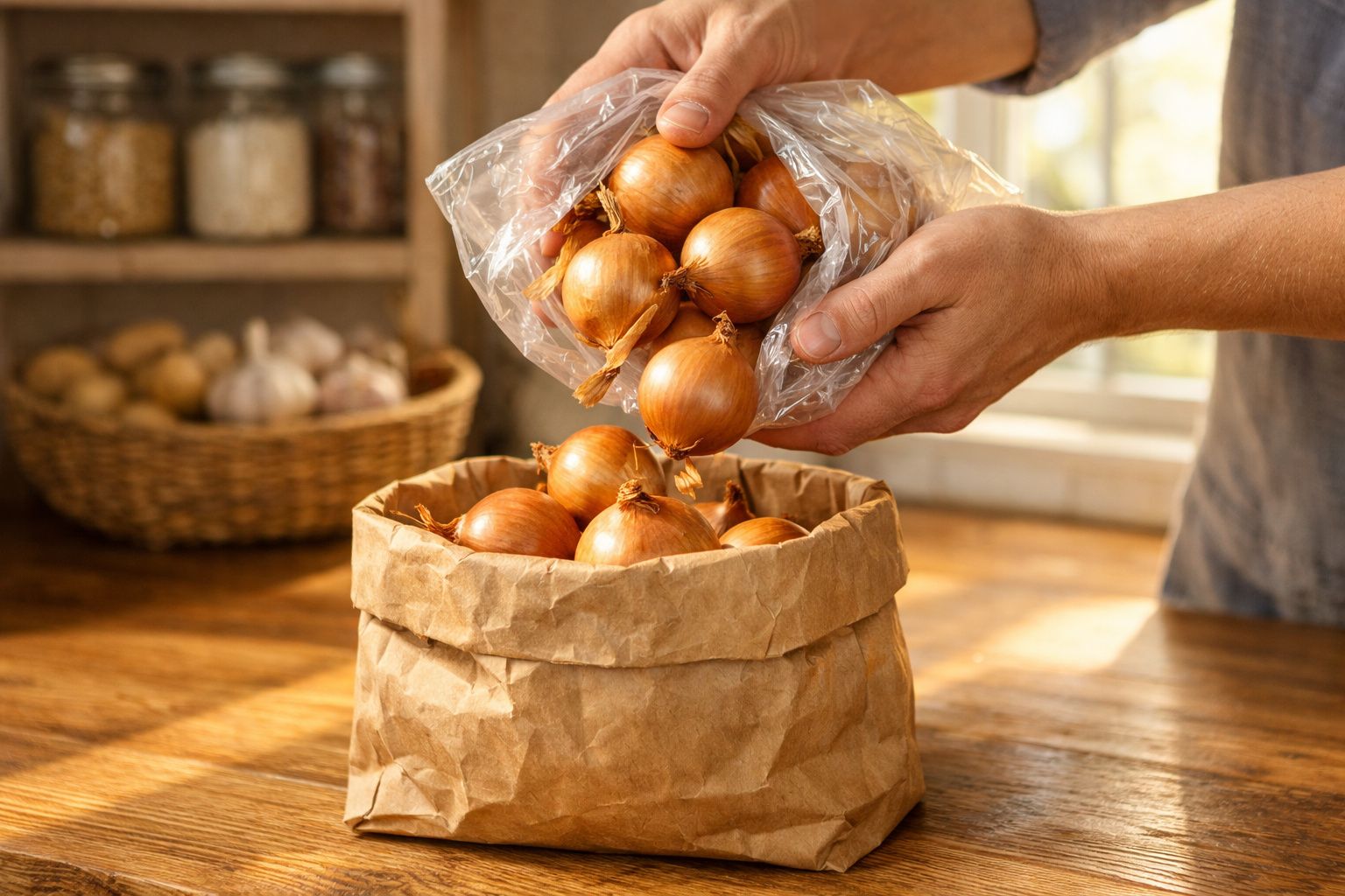 Mãos colocando cebolas douradas de plástico em saco de papel sobre mesa de madeira na cozinha.