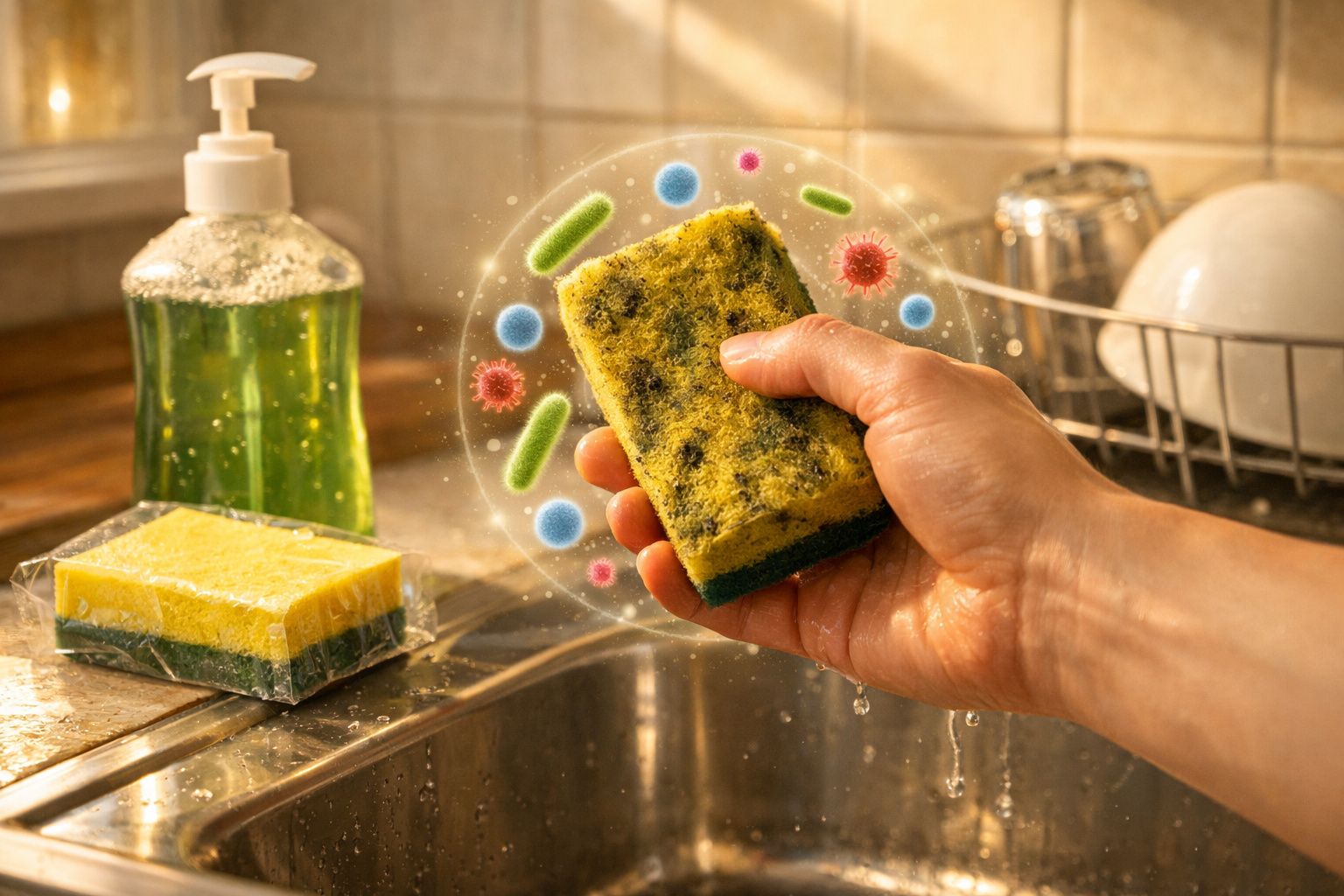 Mão segurando esponja suja com representação de germes, ao lado sabão líquido e outra esponja limpa na pia.