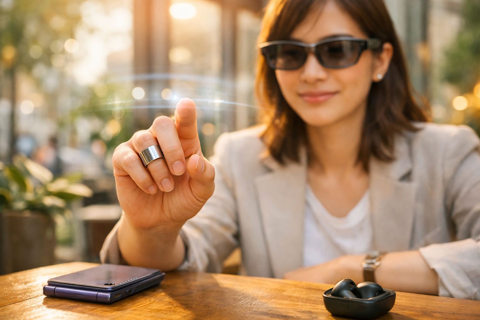 Mulher usando óculos escuros interage com tecnologia vestível em ambiente externo iluminado pelo sol.