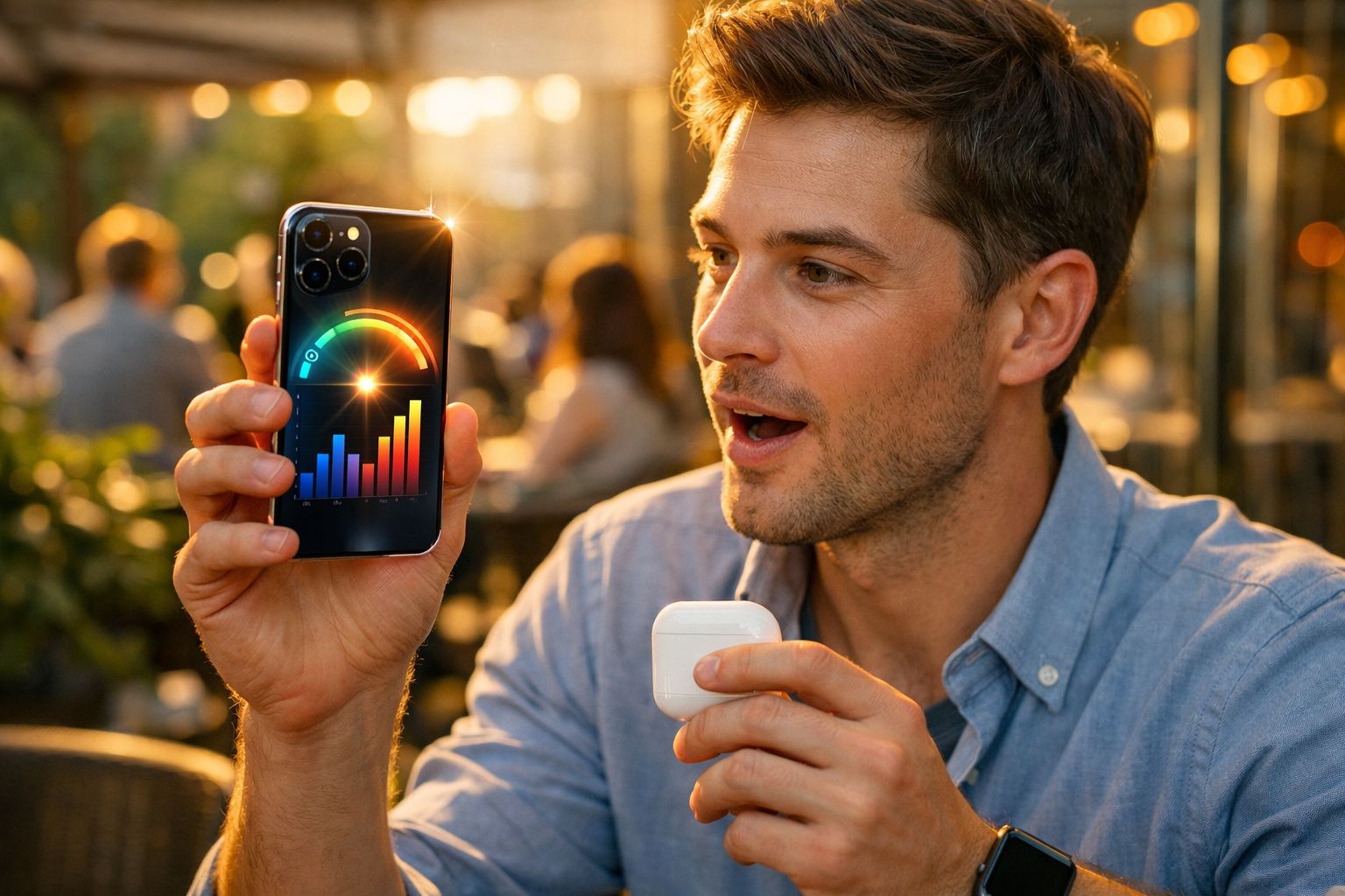 Homem exibindo gráfico de desempenho no celular e segurando fone de ouvido sem fio em ambiente externo.