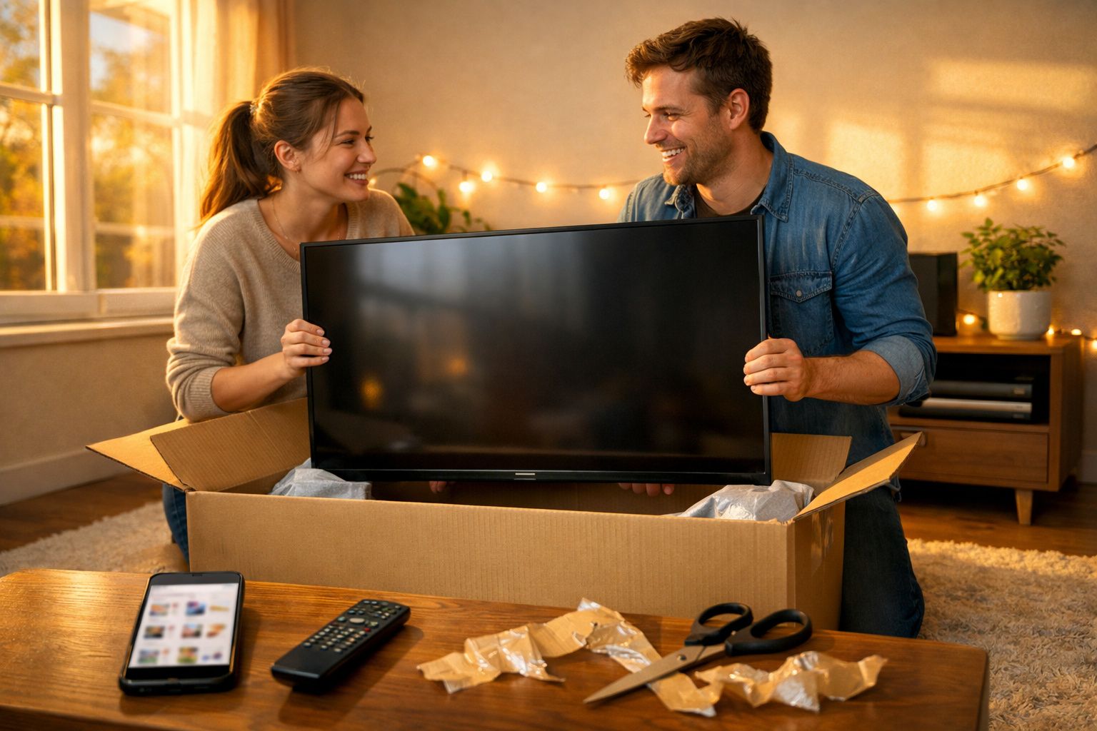 Casal sorridente segurando TV nova tirada de caixa em sala iluminada e aconchegante.