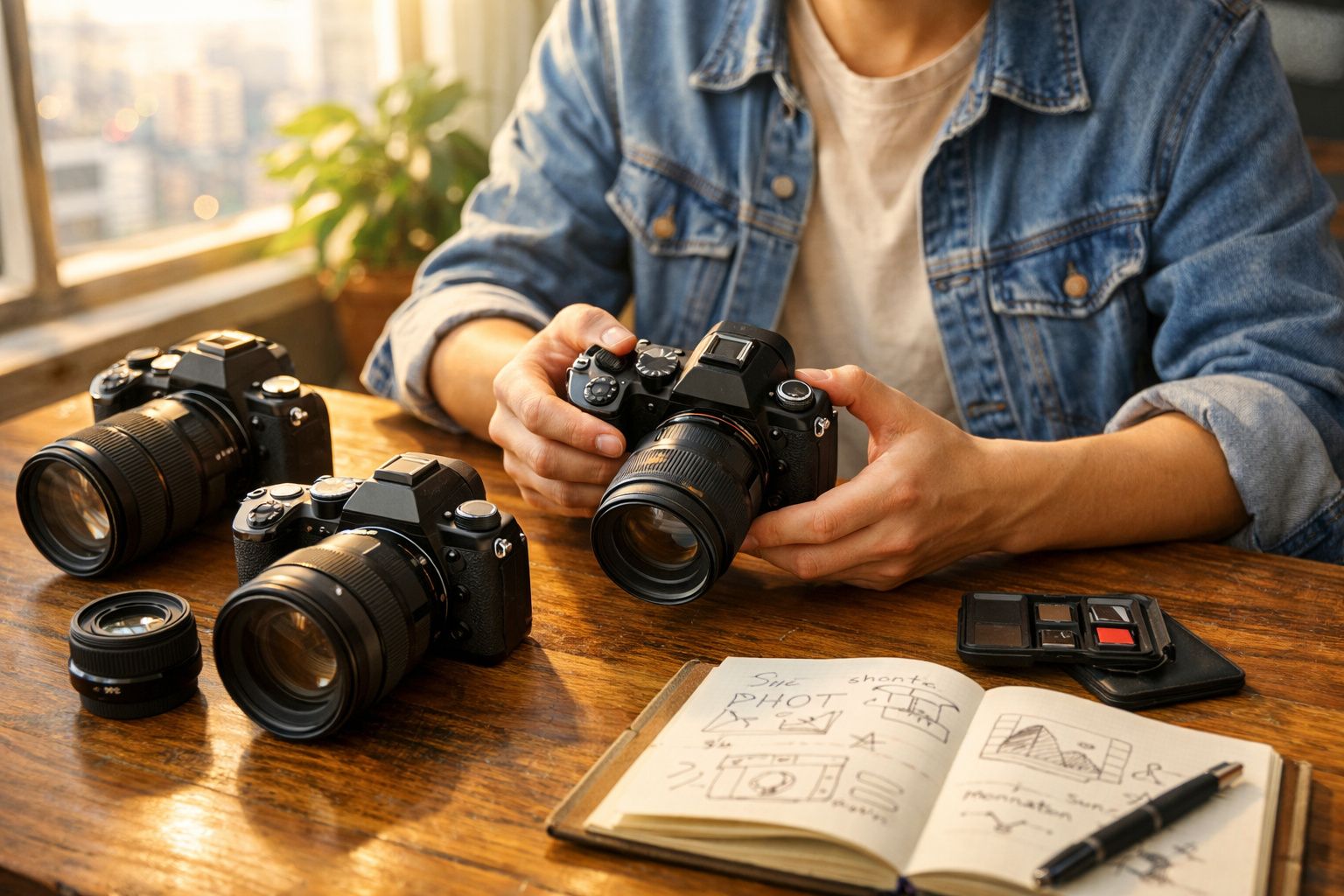 Pessoa segurando câmera DSLR sobre mesa de madeira com duas câmeras, lente, cartão de memória e caderno aberto.