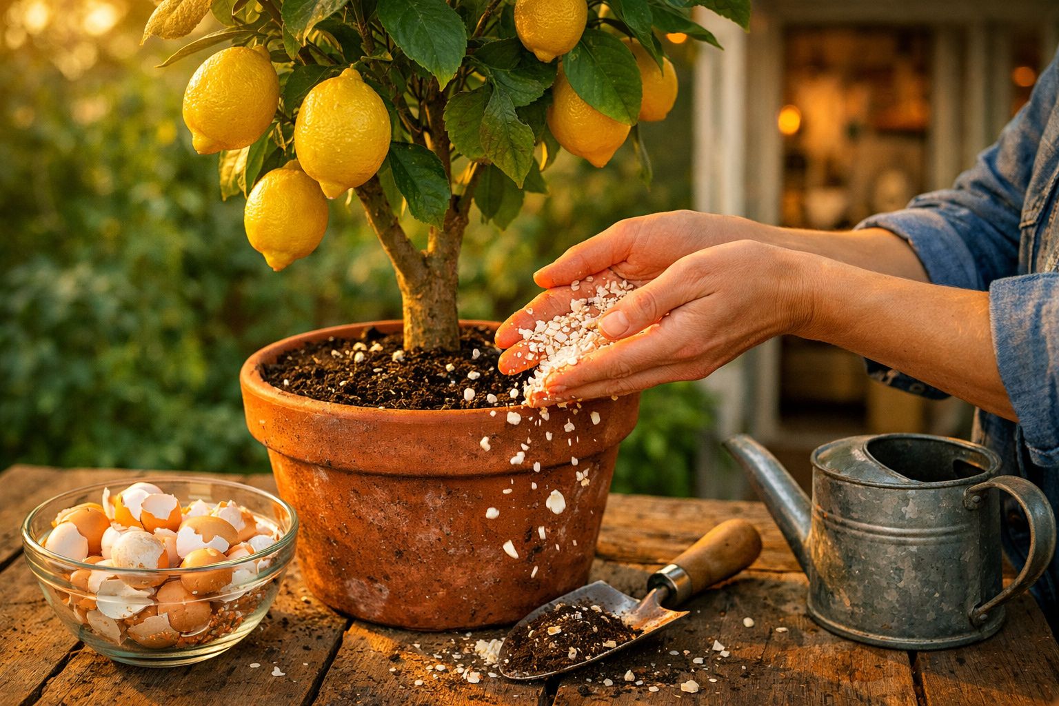 Pessoa fertilizando planta de limão em vaso com cascas de ovos ao lado e regador metálico sobre mesa de madeira