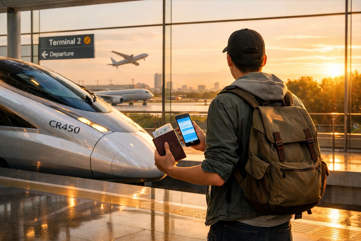 Homem com mochila segura passaporte e celular em estação de trem com aviões ao fundo ao pôr do sol.
