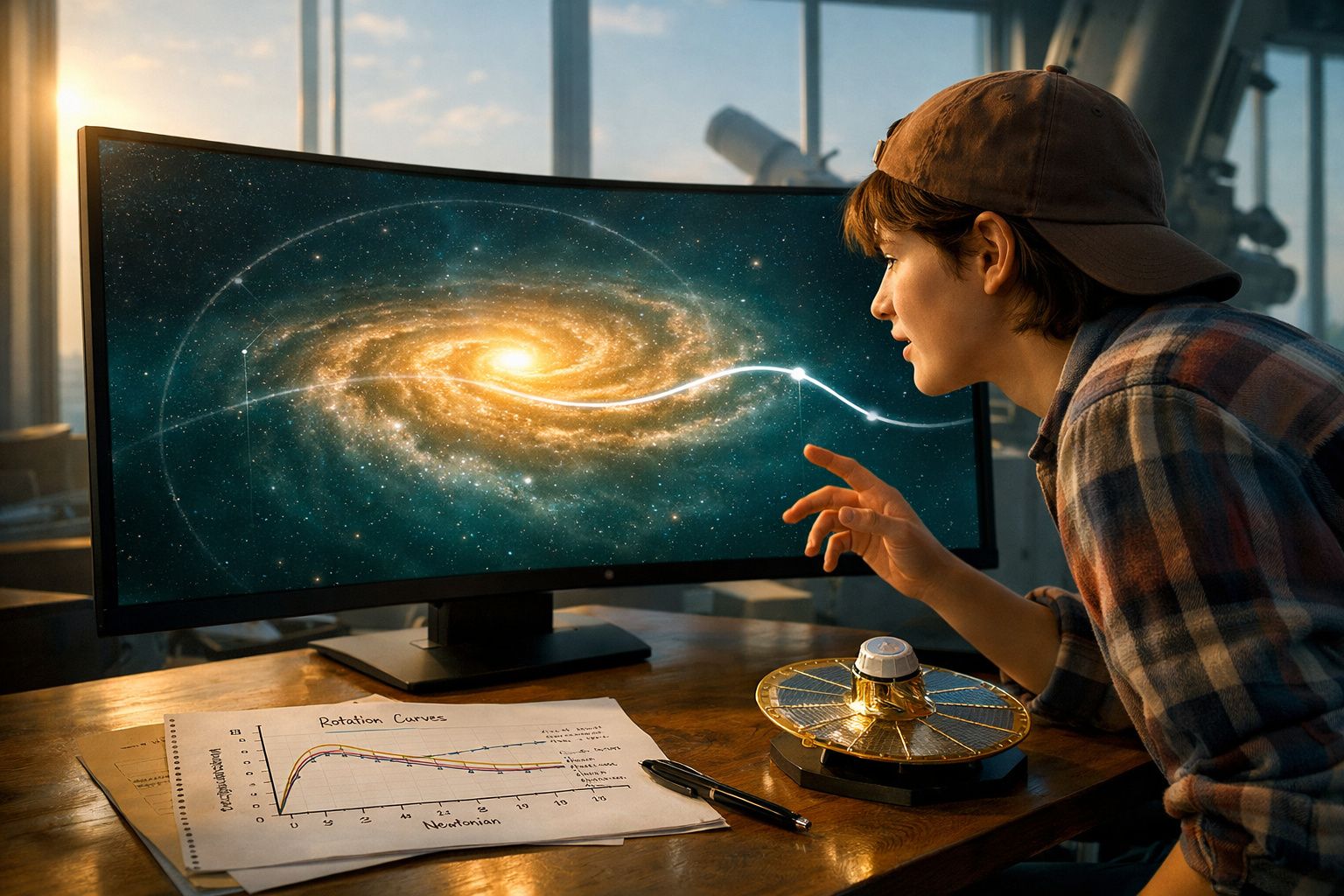 Pessoa jovem observando no computador imagem de galáxia com trajetória conectando pontos, em ambiente de estudo.