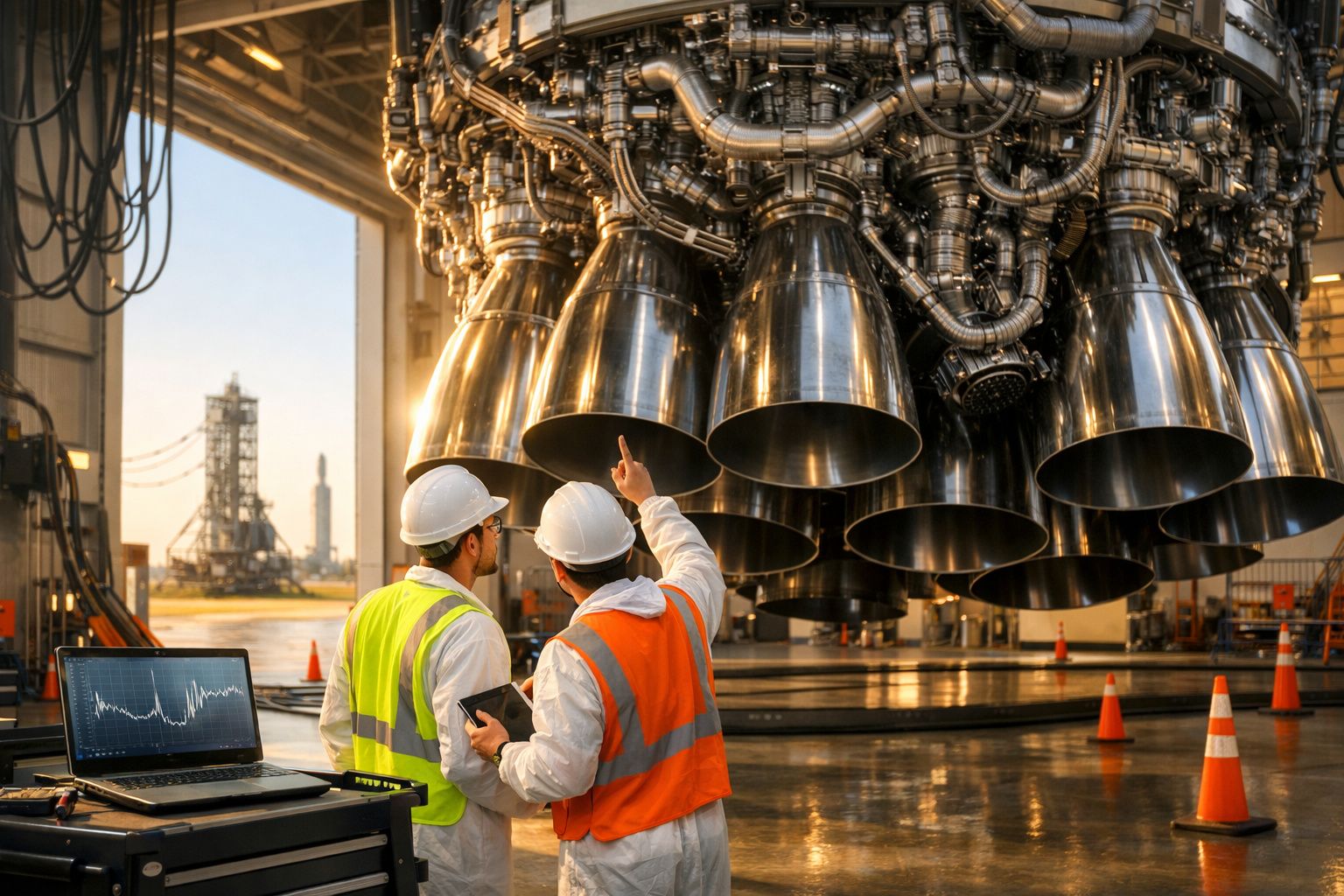 Dois engenheiros inspecionam motores de foguete em hangar com equipamento e torre ao fundo.