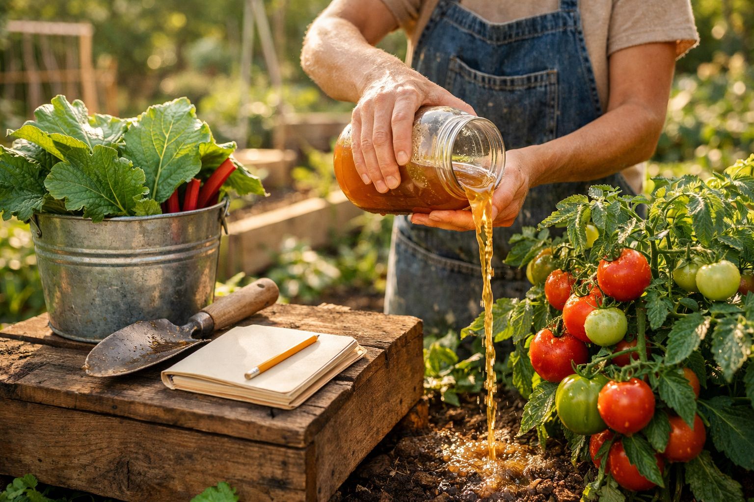 Pessoa regando planta de tomate com regador improvisado em jarro, cercada por folhas e caderno com lápis.