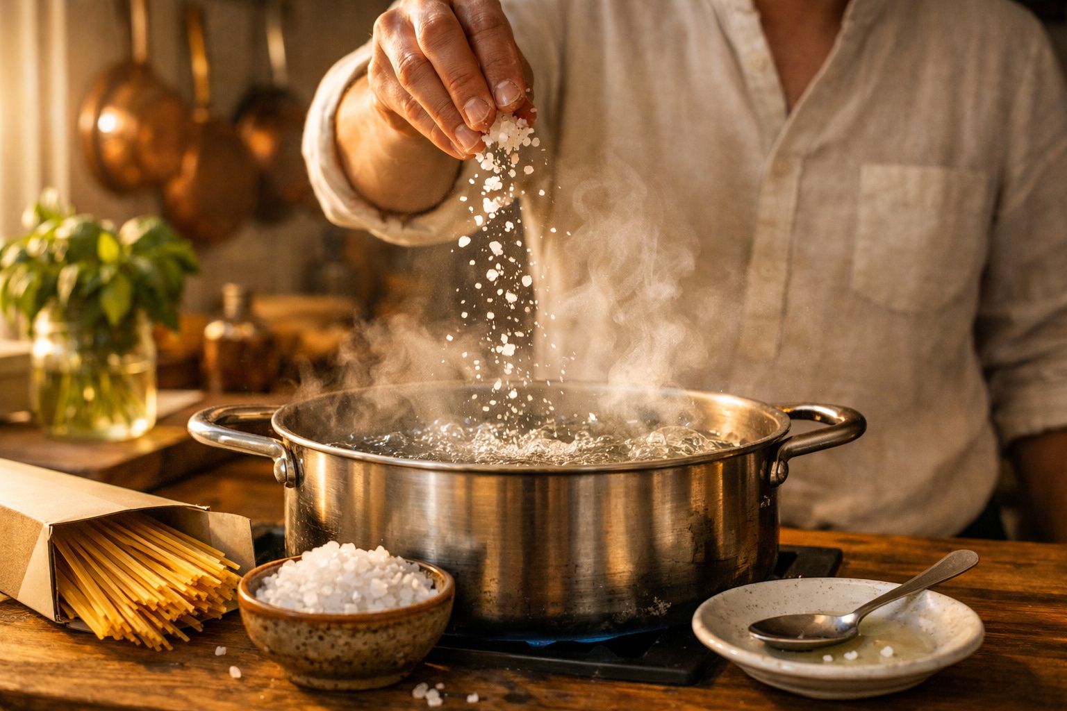 Pessoa adicionando sal em panela de aço inox com água fervente para cozinhar macarrão.