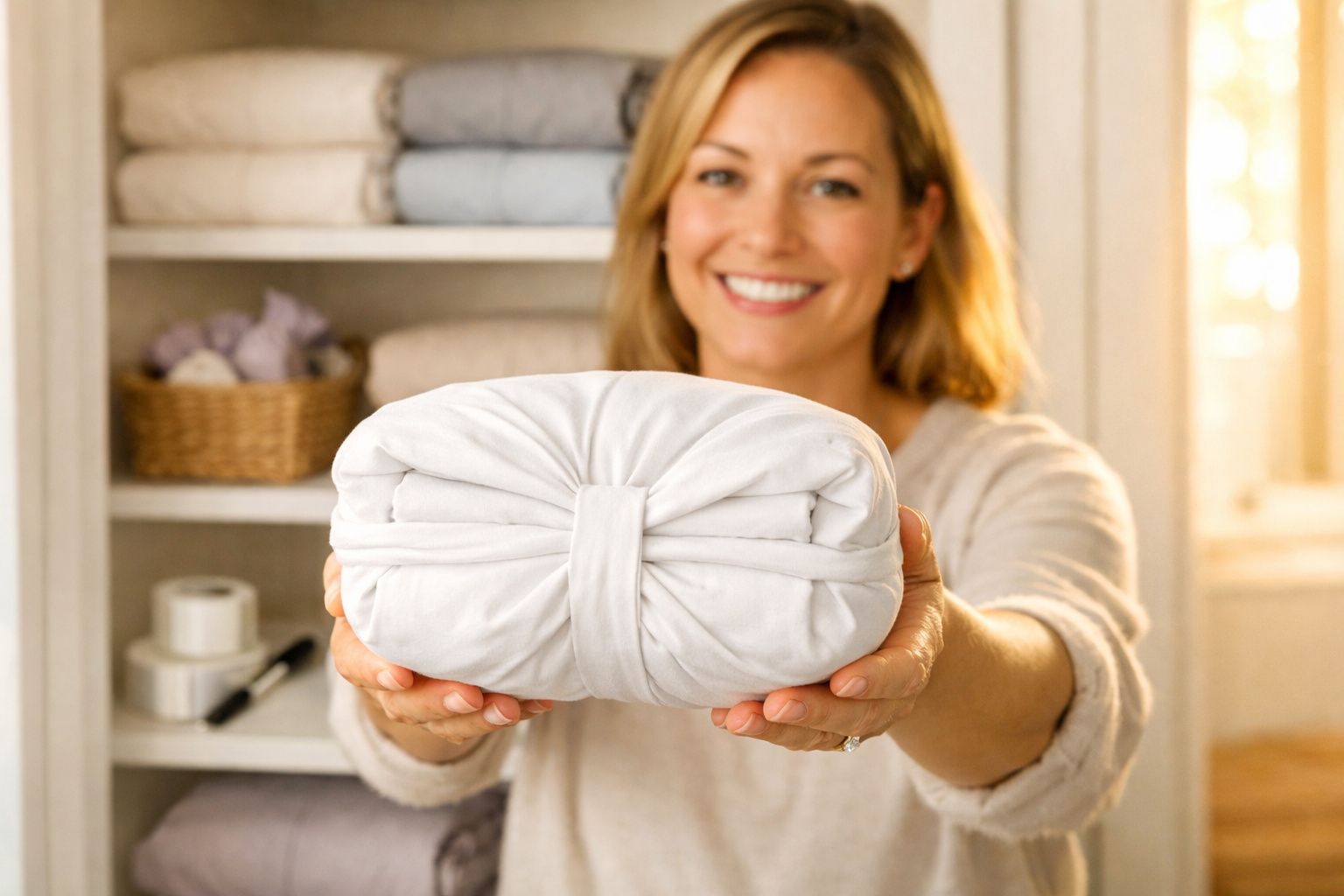 Mulher sorridente segurando roupa de cama branca dobrada em quarto organizado e iluminado.