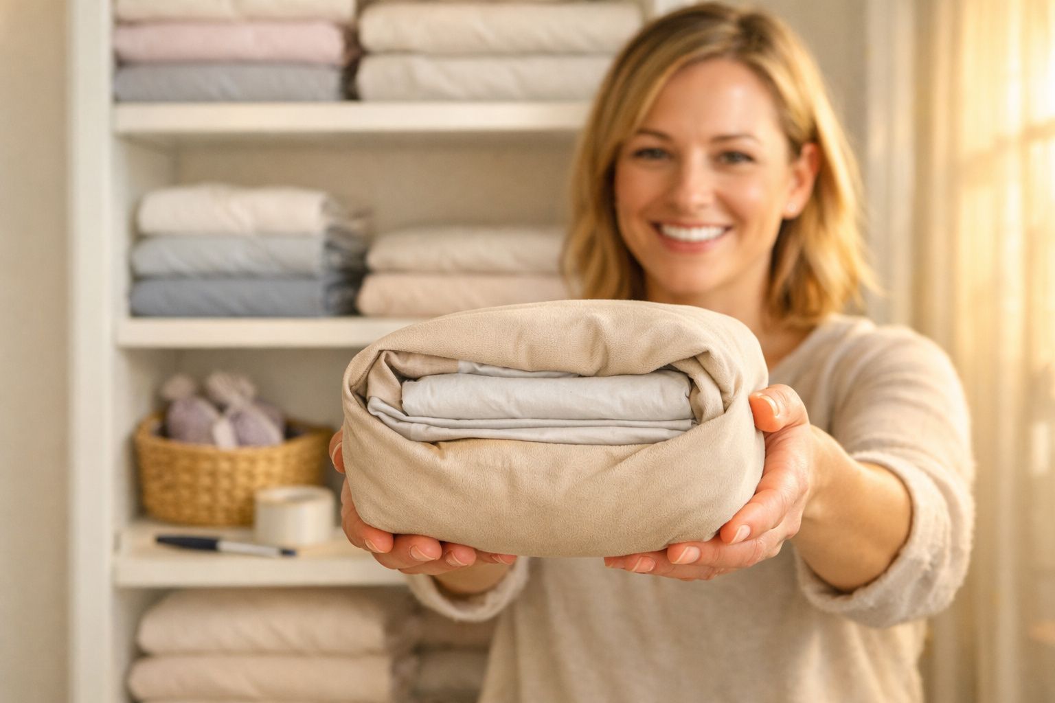 Mulher sorridente oferece roupa de cama dobrada em ambiente com estantes organizadas ao fundo.