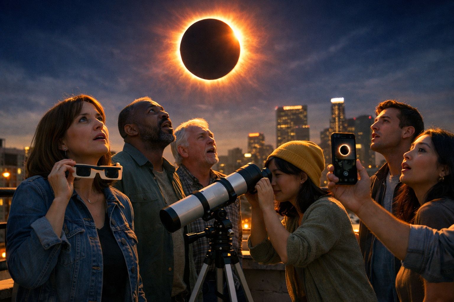 Pessoas observando eclipse solar com telescópio e óculos especiais em área urbana ao anoitecer.