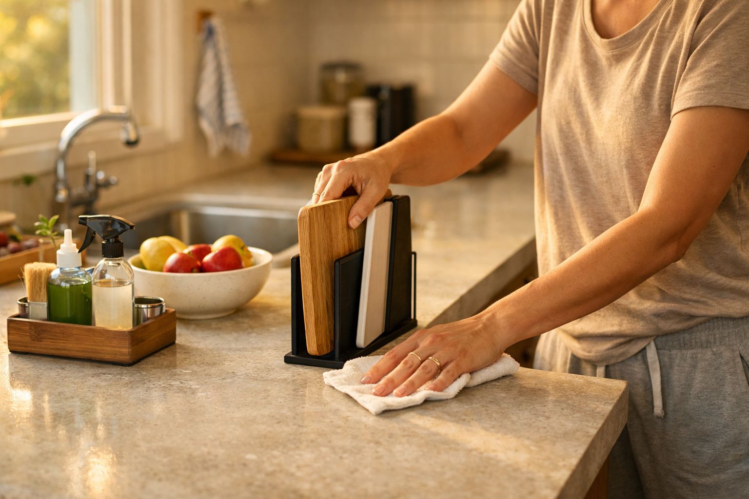 Pessoa guardando tábua de madeira em suporte enquanto limpa a bancada da cozinha com pano branco.