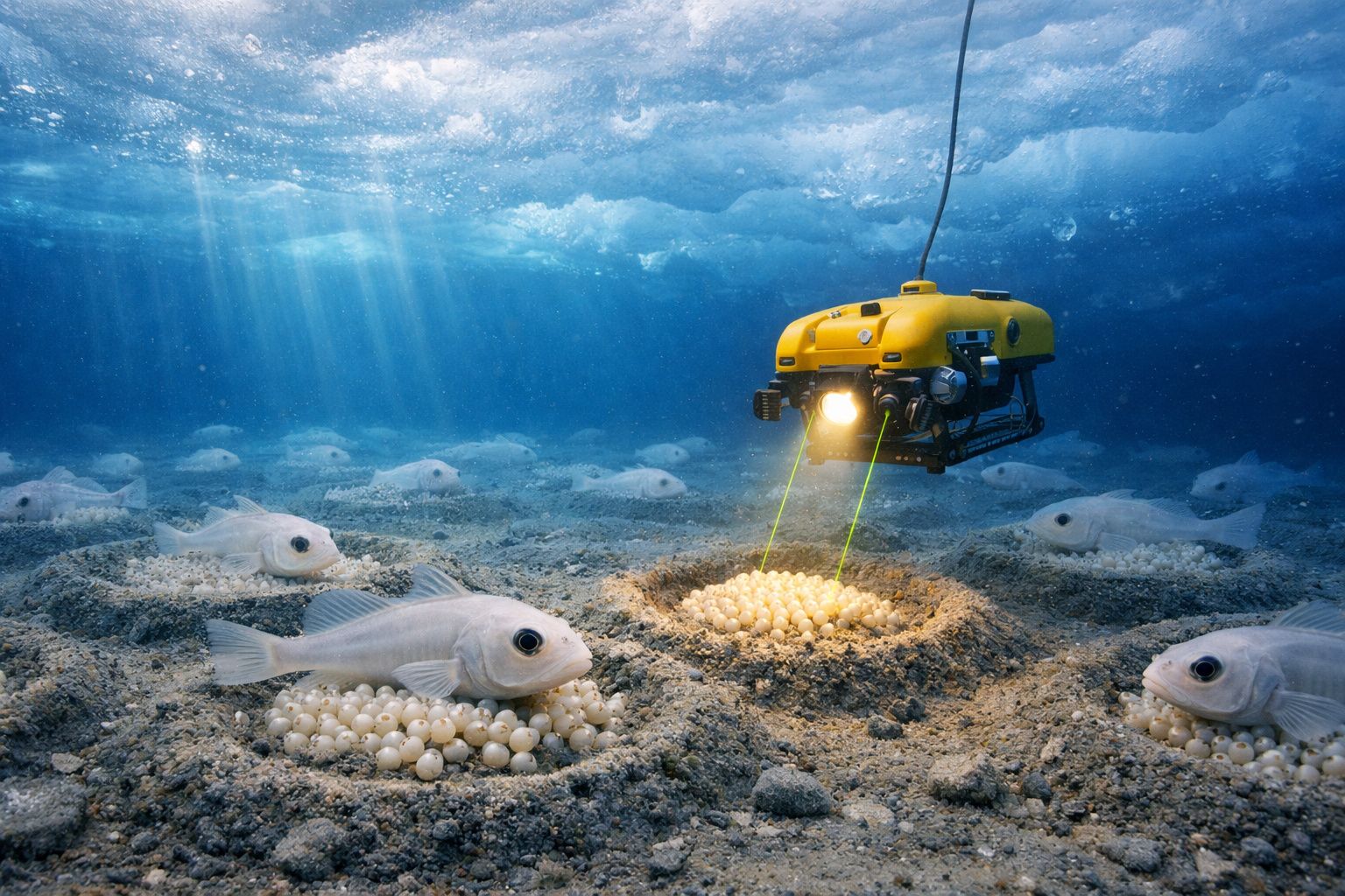 Veículo submarino explorando ovos de peixes no fundo do mar com luzes iluminando a cena azul.