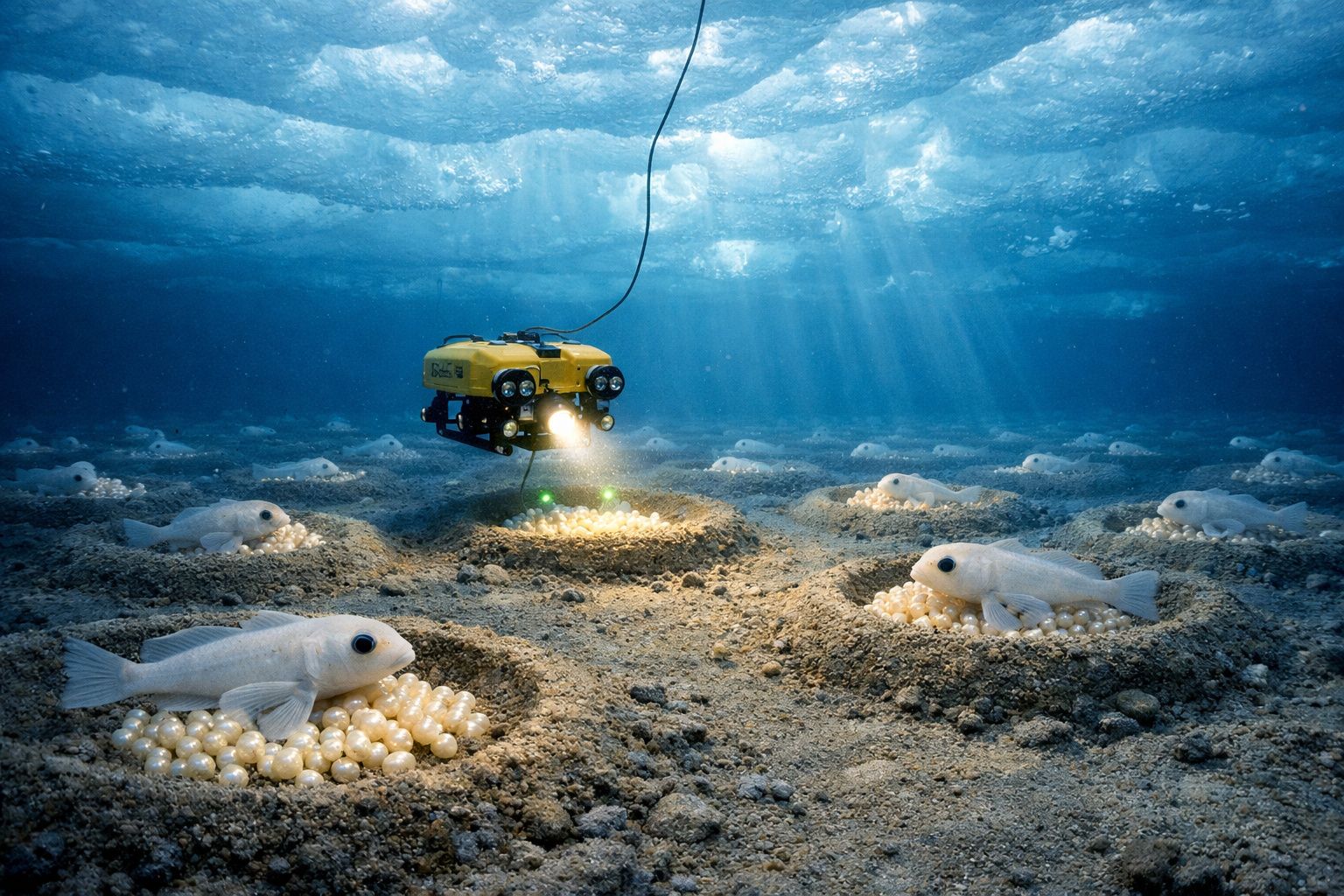 Veículo submarino operando próximo a peixes cuidando dos ovos no fundo do oceano.