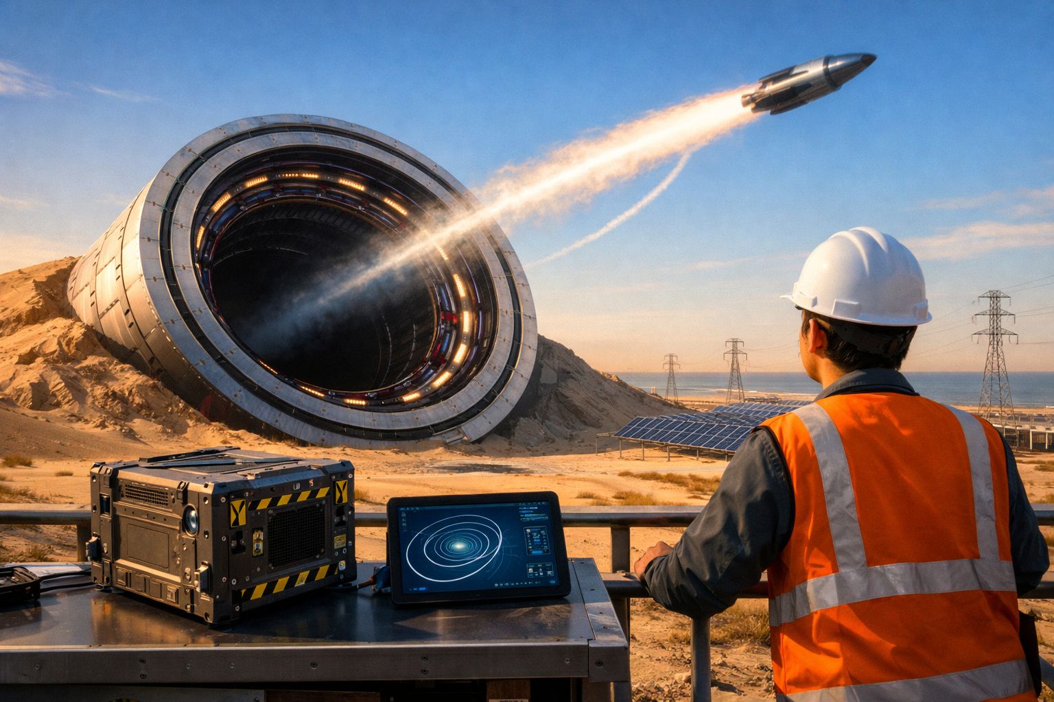 Engenheiro observa lançamento de foguete saindo de estrutura circular futurista no deserto ao pôr do sol.