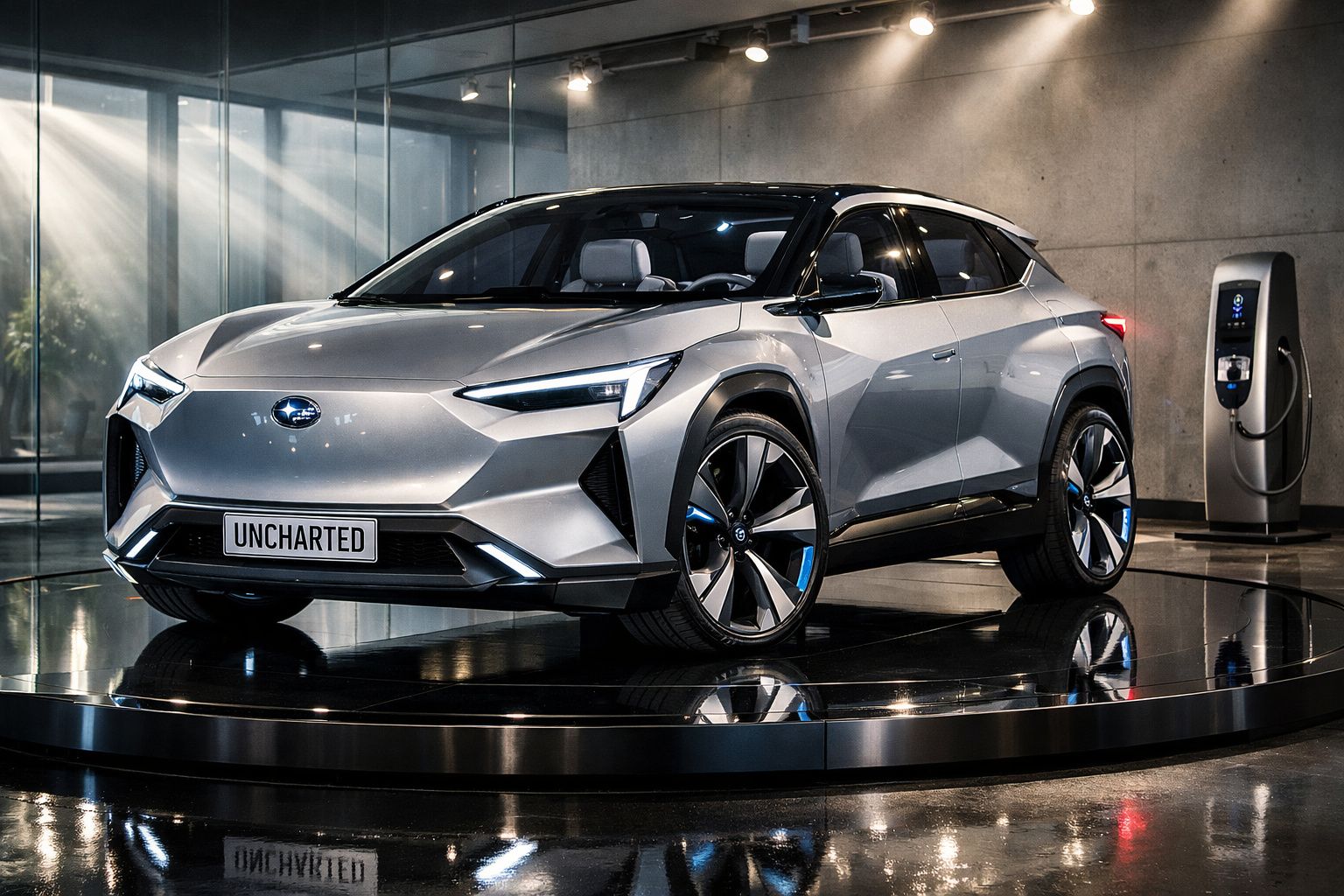 Carro elétrico cinza modelo SUV moderno em exposição, com carregador ao fundo e reflexo no piso preto brilhante.