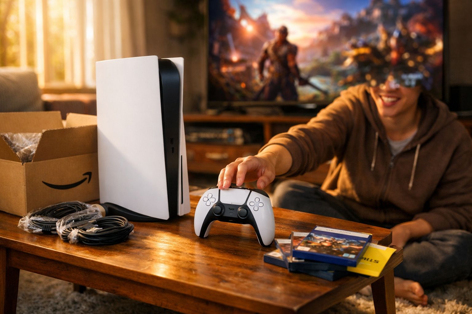 Console PlayStation 5 branco sobre mesa com controles e jogos, homem sorrindo ao fundo ajusta controle.