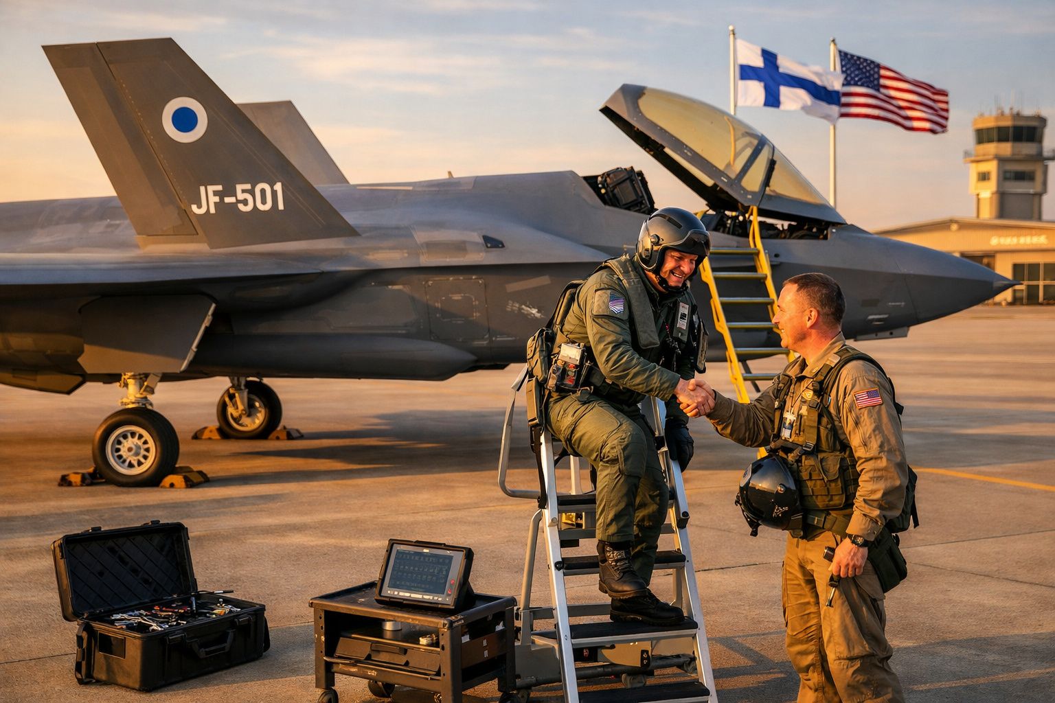 Dois pilotos militares apertando as mãos em frente a um caça estacionado em pista ao entardecer.
