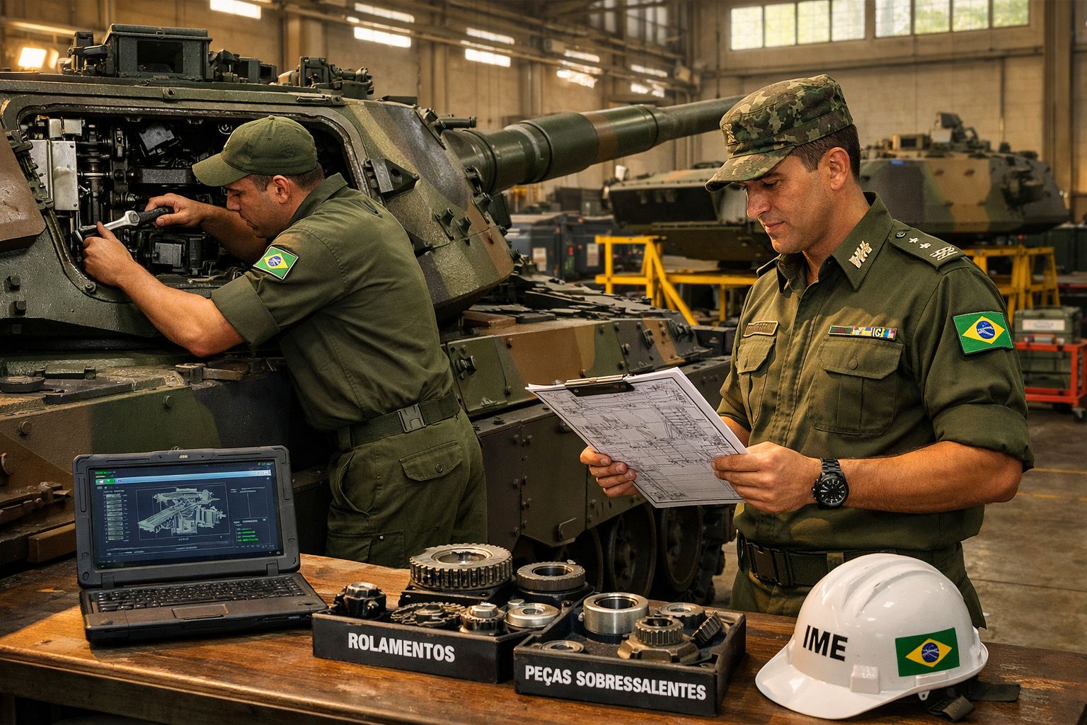 Dois militares brasileiros trabalham na manutenção de veículo blindado em oficina, com peças e laptop à frente.