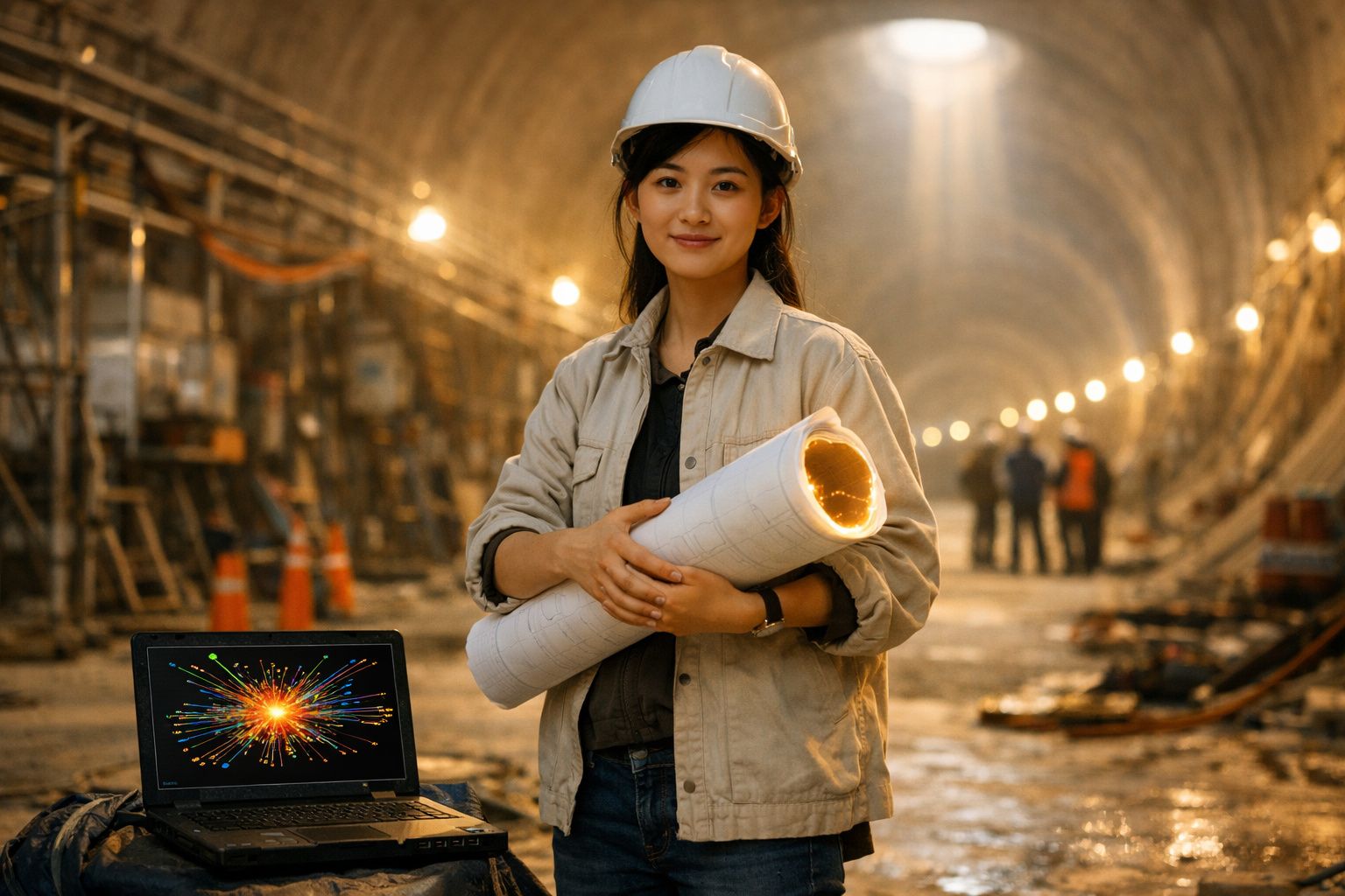 Engenheira com capacete segurando planta de construção dentro de túnel em obra, ao lado de notebook.