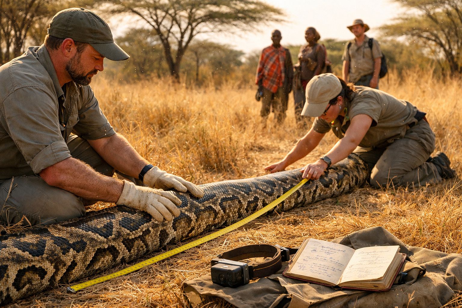 Dois pesquisadores medem uma grande sucuri em área de vegetação seca com pessoas ao fundo.