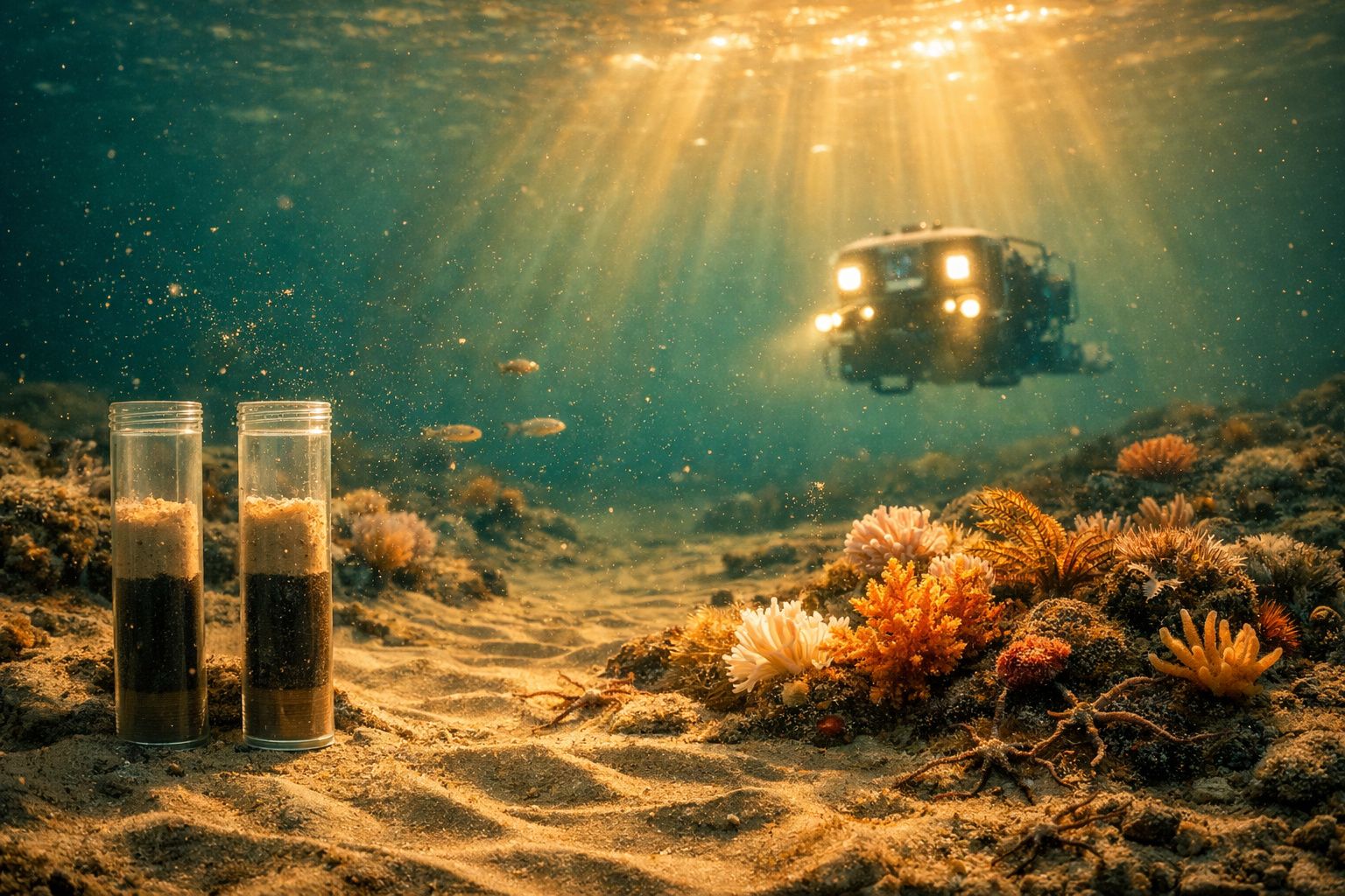 Veículo subaquático iluminado explora fundo do mar com corais, peixes e amostras em tubos transparentes.