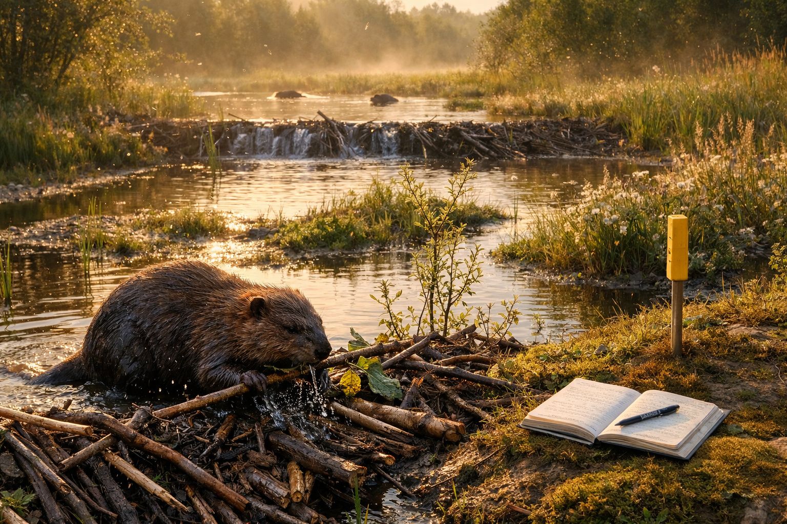 Castor construindo represa em rio ao entardecer ao lado de caderno aberto com caneta.