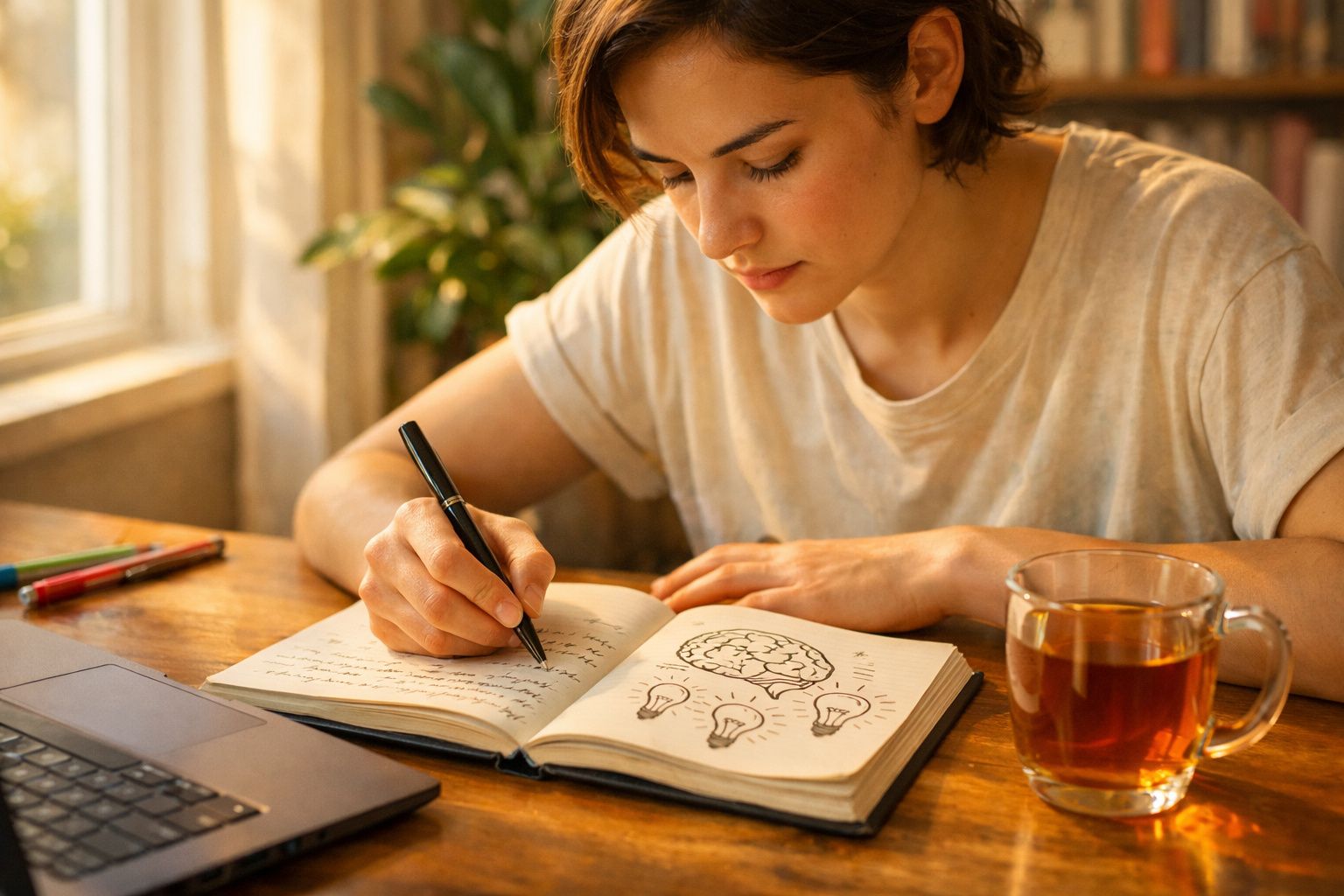 Pessoa escrevendo em caderno com desenhos de cérebro e lâmpadas, ao lado de um copo de chá e notebook.