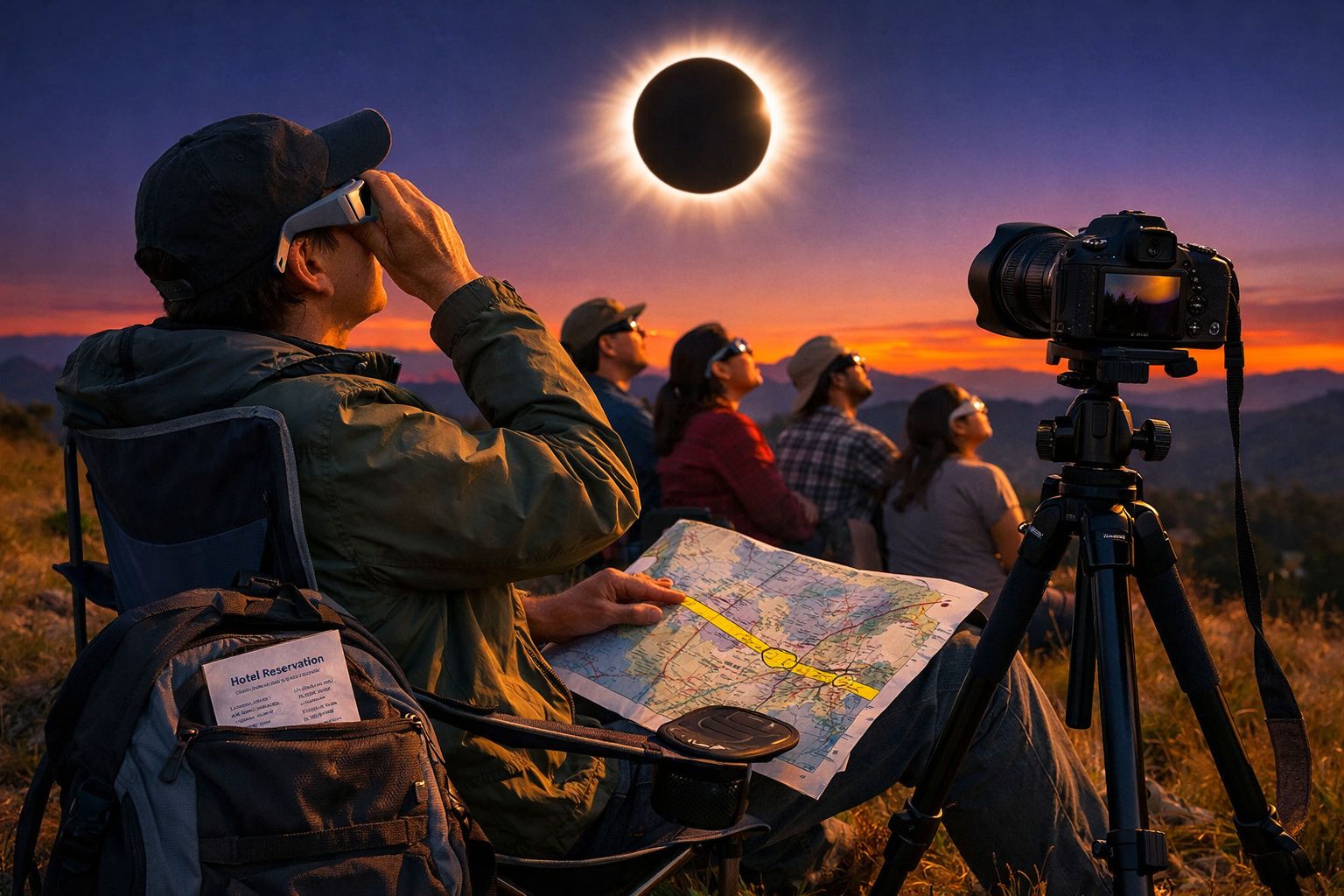 Grupo de pessoas observando eclipse solar com óculos especiais, mapa e câmera em tripé ao pôr do sol.