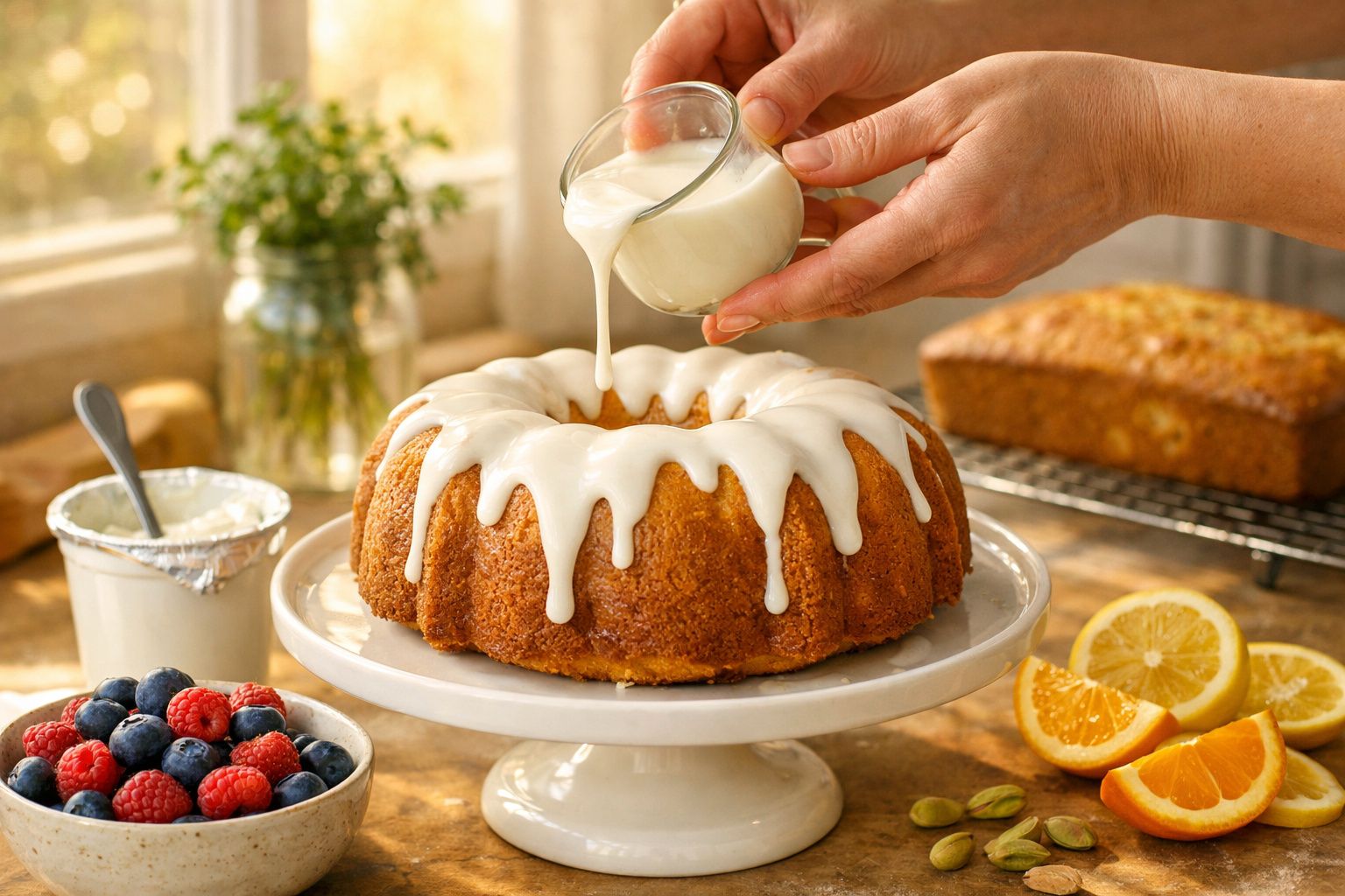 Bolo em forma de rosquinha com cobertura branca sendo derramada, ao lado de frutas e creme.