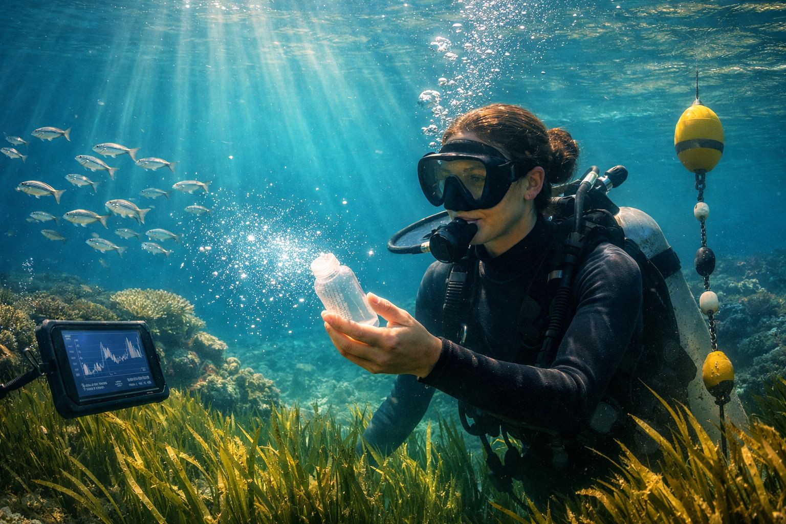 Mergulhadora examinando amostra em pote plástico em ambiente marinho com vegetação e peixes ao redor.