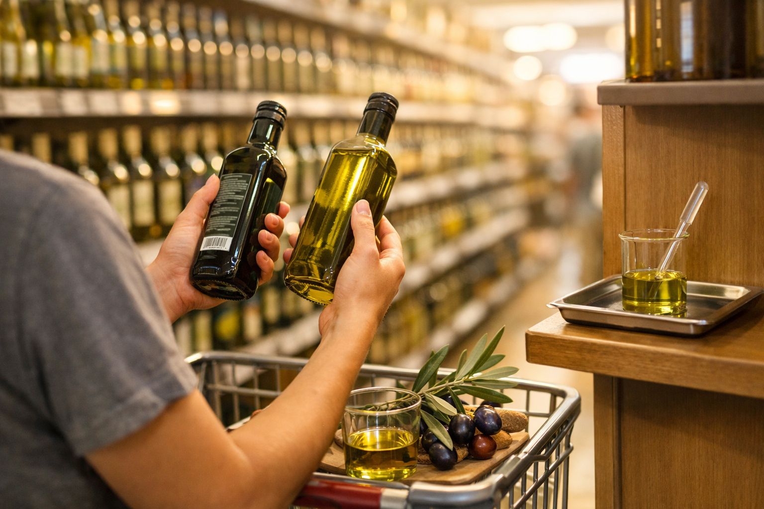 Pessoa comparando duas garrafas de azeite em supermercado, com carrinho e amostras ao lado.
