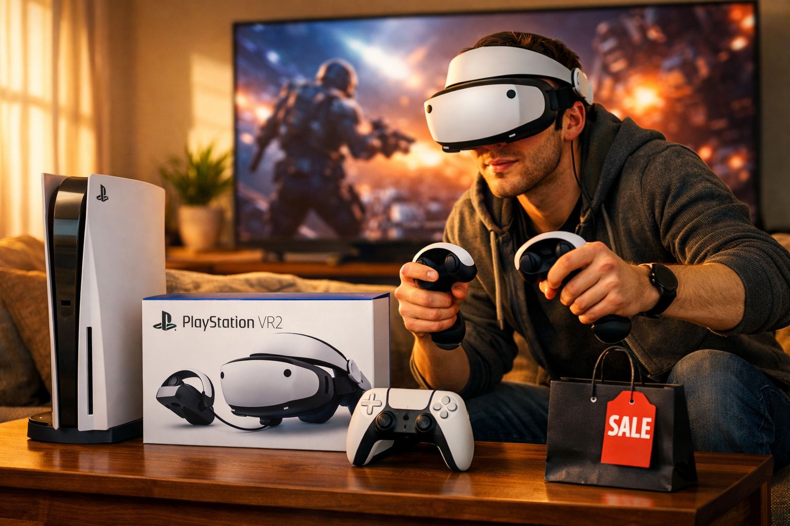 Homem usando óculos de realidade virtual PlayStation VR2 com controles em mãos e console ao lado em sala.