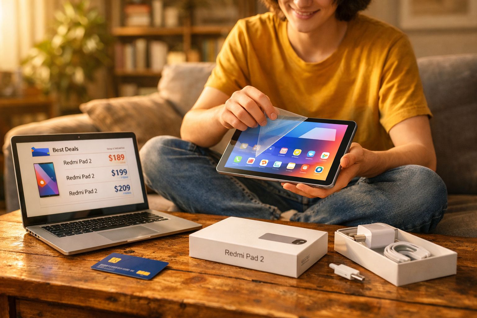 Pessoa desempacotando tablet Redmi Pad 2 em uma sala com laptop, cartão de crédito e acessórios na mesa.
