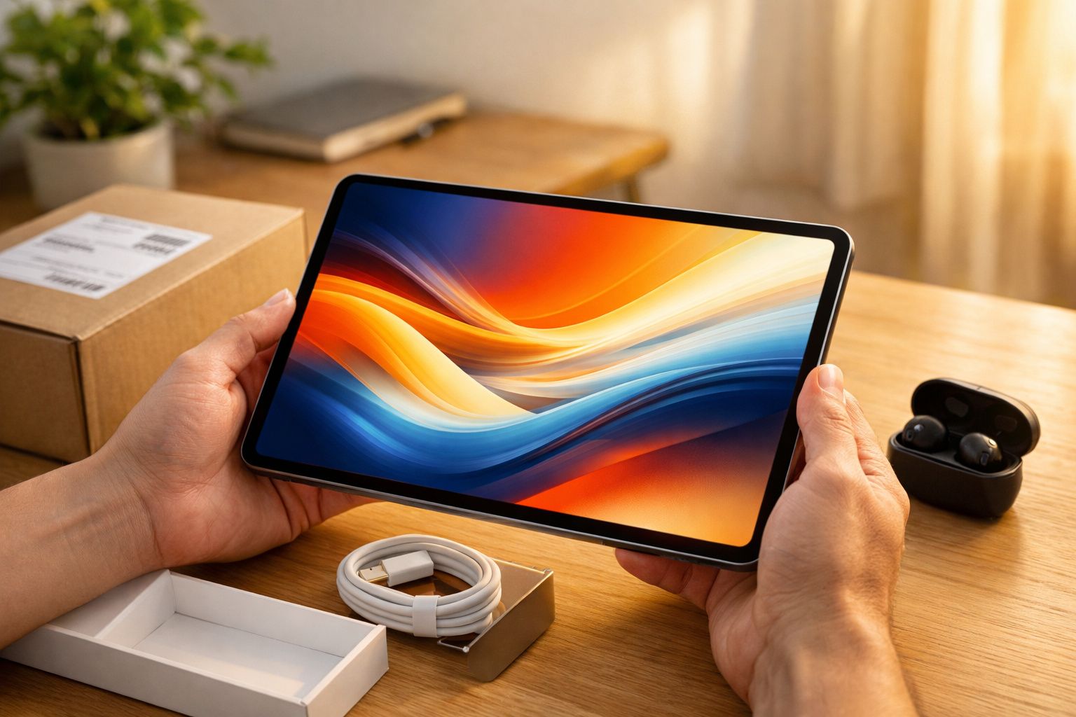 Pessoa segurando tablet com tela colorida, fones de ouvido sem fio e caixa sobre mesa de madeira.