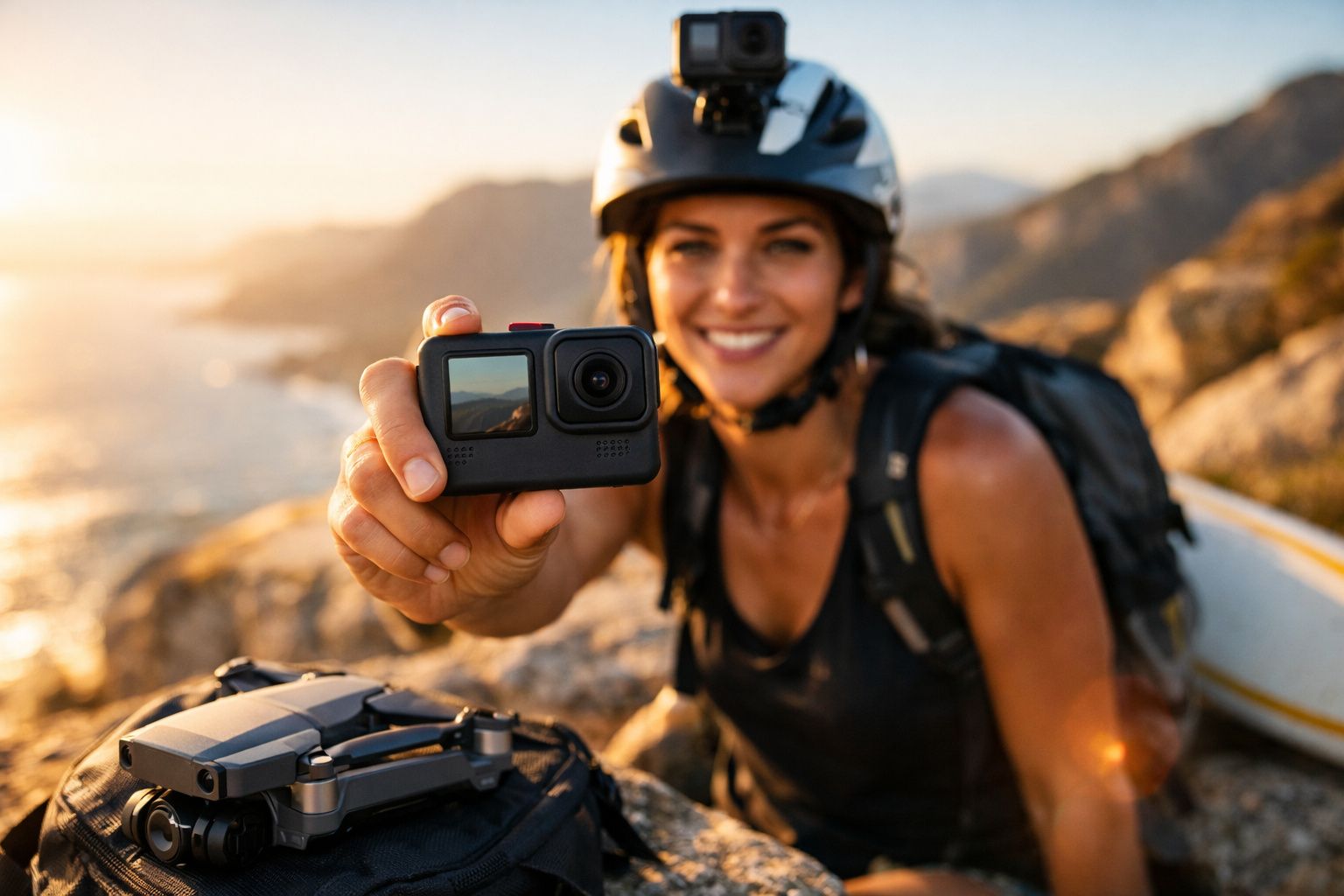 Mulher com capacete segurando câmera de ação ao ar livre, com mochila e drone ao lado.